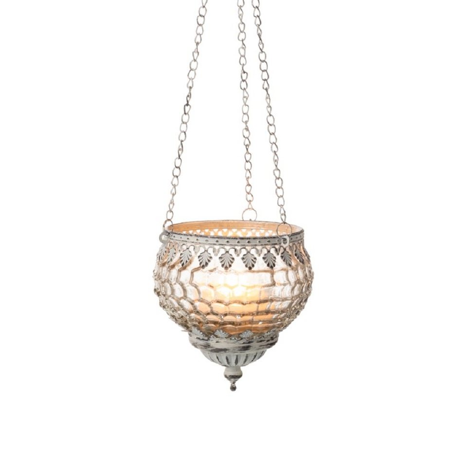 Parts4Living Hängewindlicht Teelichthänger mit Metallrand mit Ornamenten  Teelichthalter Kerzenhalter zum Hängen antik weiß 11,5x12,5 cm (Länge 49 cm),  im orientalischen Stil