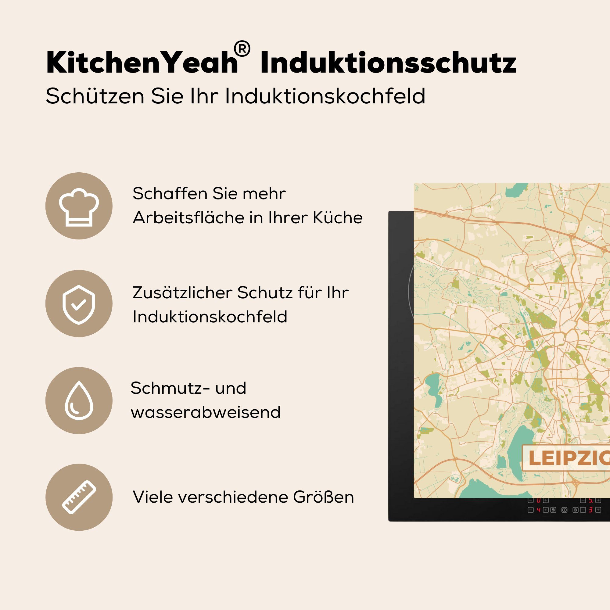 Leipzig cm, Vintage Karte Herdblende-/Abdeckplatte Arbeitsplatte tlg), für Vinyl, MuchoWow 78x78 Ceranfeldabdeckung, Stadtplan, (1 - - - küche