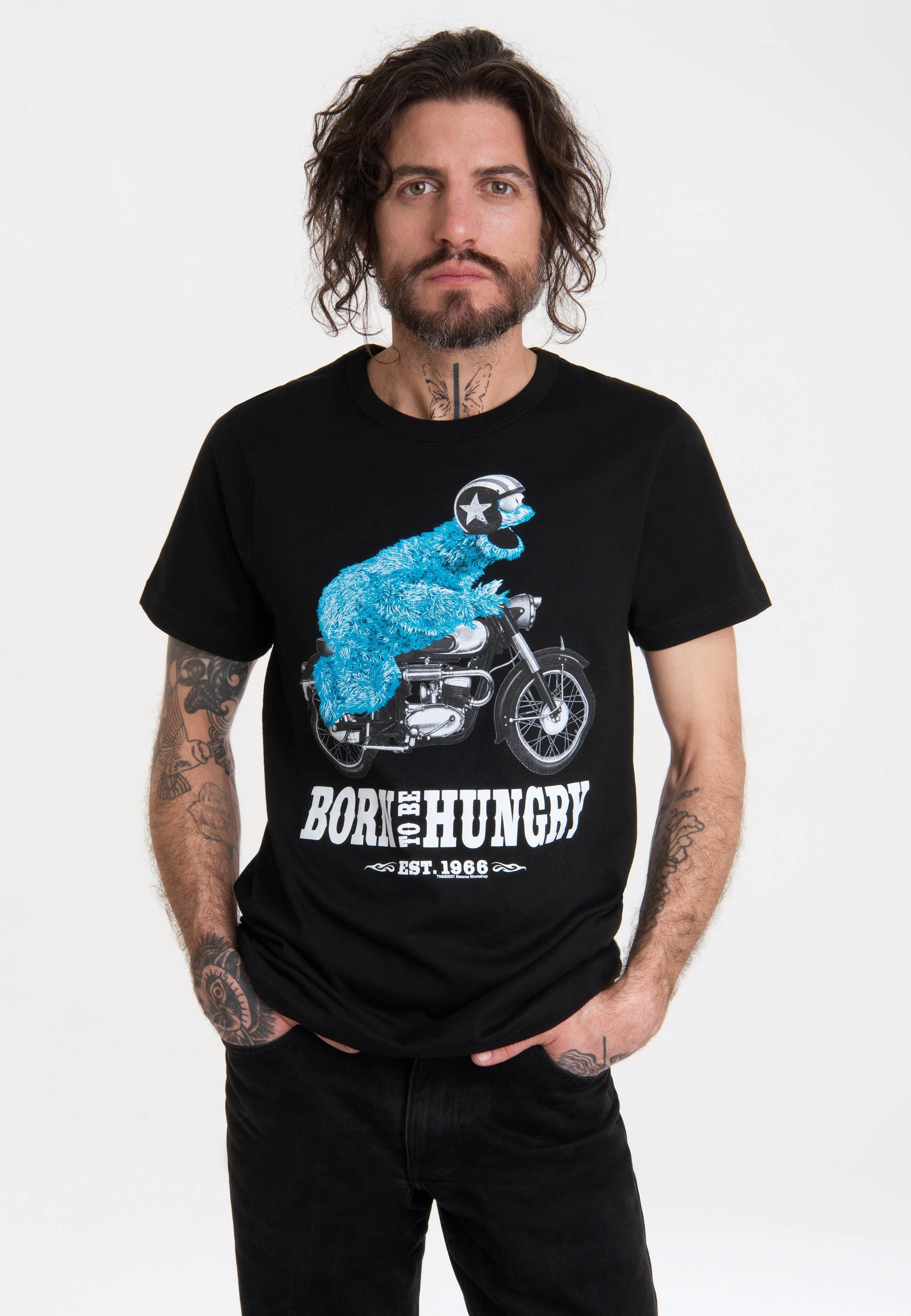 LOGOSHIRT T-Shirt Sesamstraße - Krümelmonster Motorrad mit lizenziertem Print schwarz