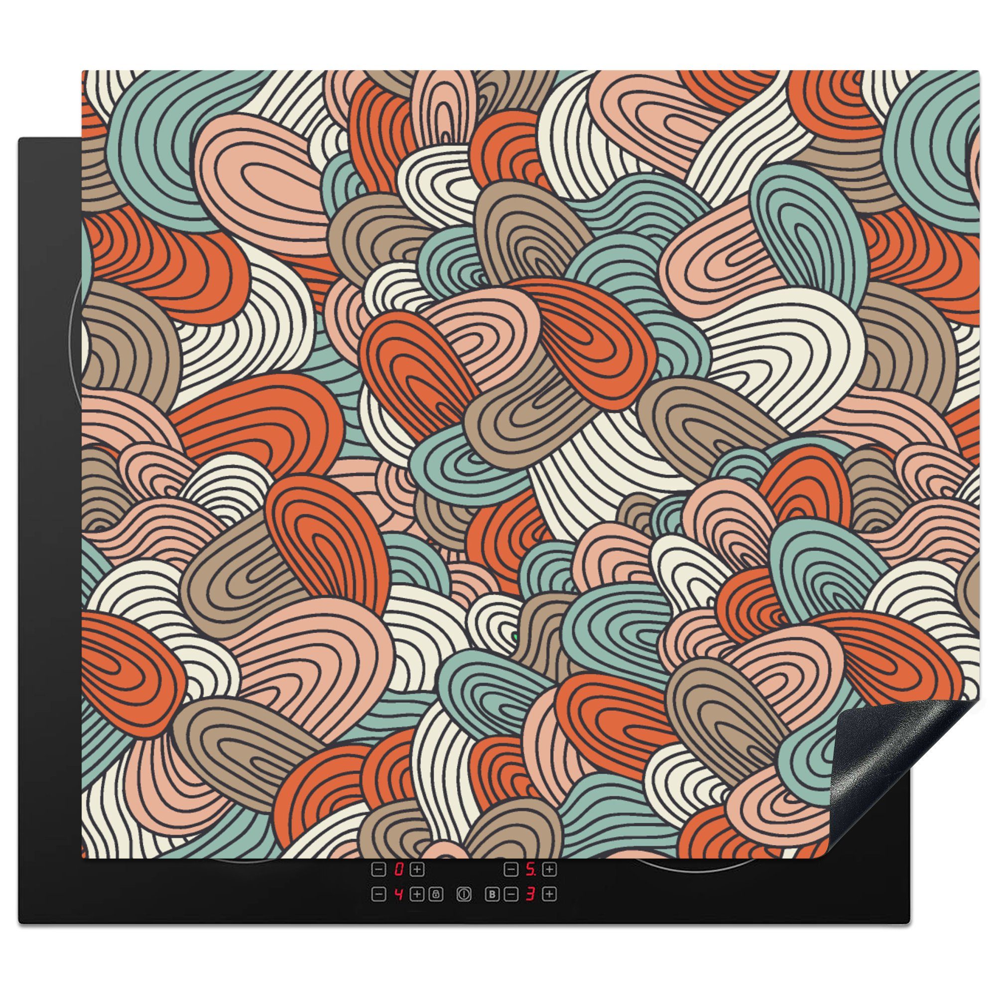 MuchoWow Herdblende-/Abdeckplatte Boho - Muster - Linienkunst - Abstrakt, Vinyl, (1 tlg), 59x52 cm, Ceranfeldabdeckung für die küche, Induktionsmatte