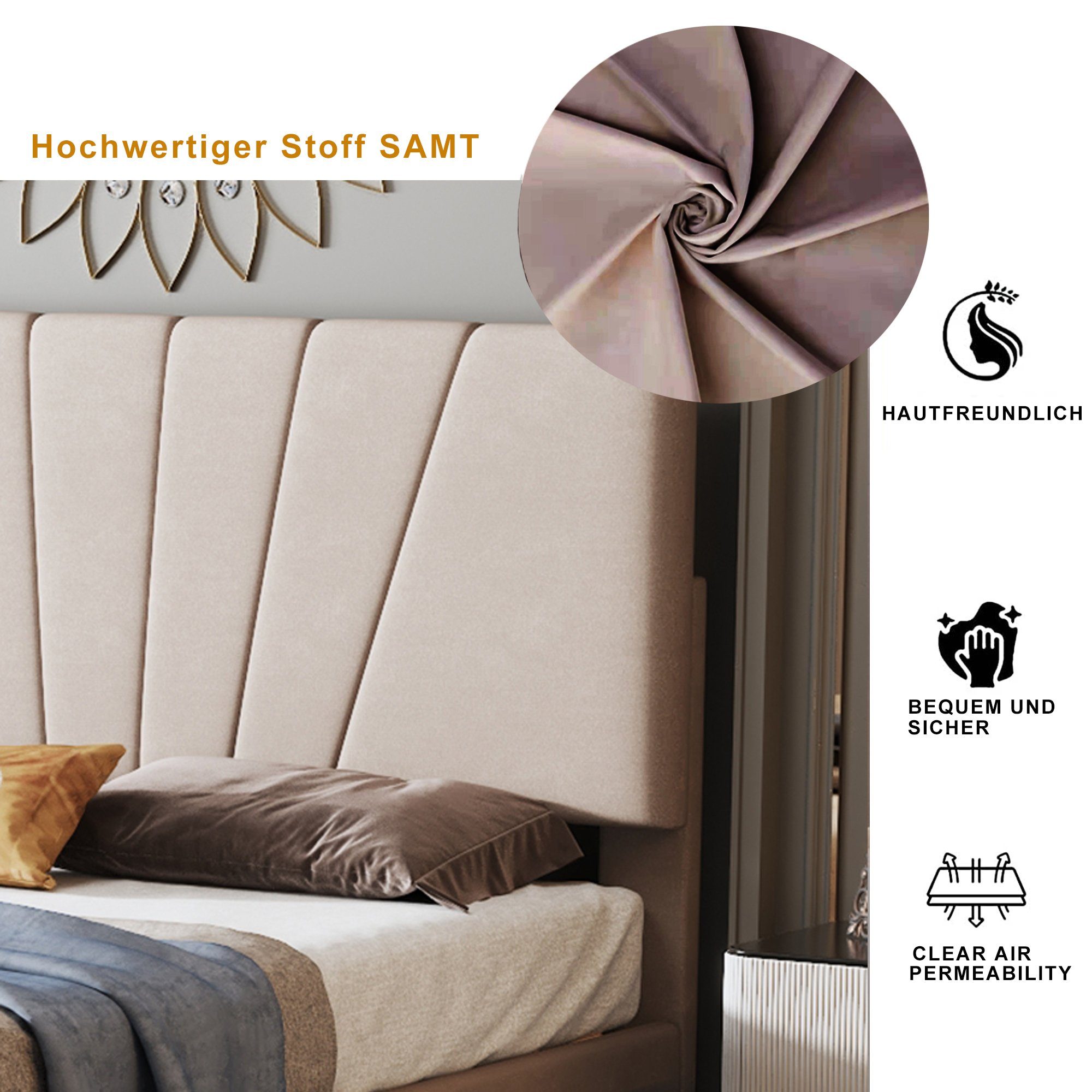 HAUSS und SPLOE (mit Polsterbett Polsterbett Rückenlehne Dunkelbeige Doppelbett Bettrahmen Funktionsbett Schublade) großer