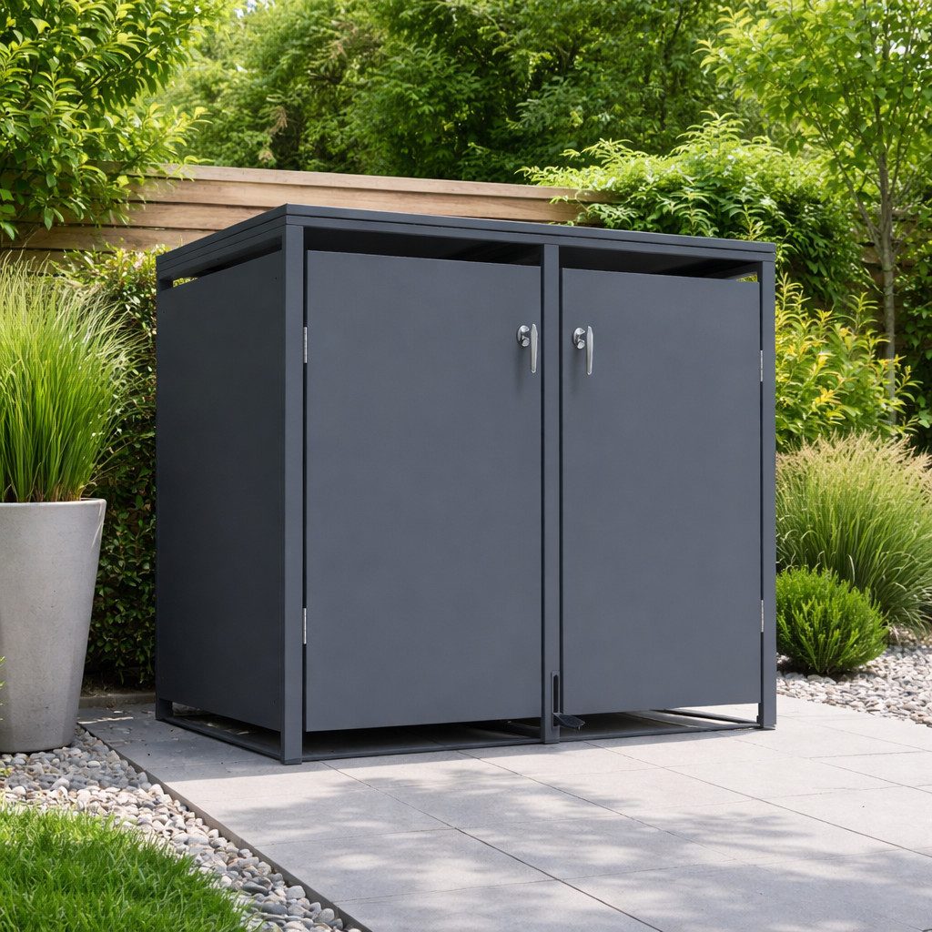 DEGAMO Mülltonnenbox BONN, Stahl anthrazit, mit Pedal, für 2 Tonnen 120 oder 240 Liter
