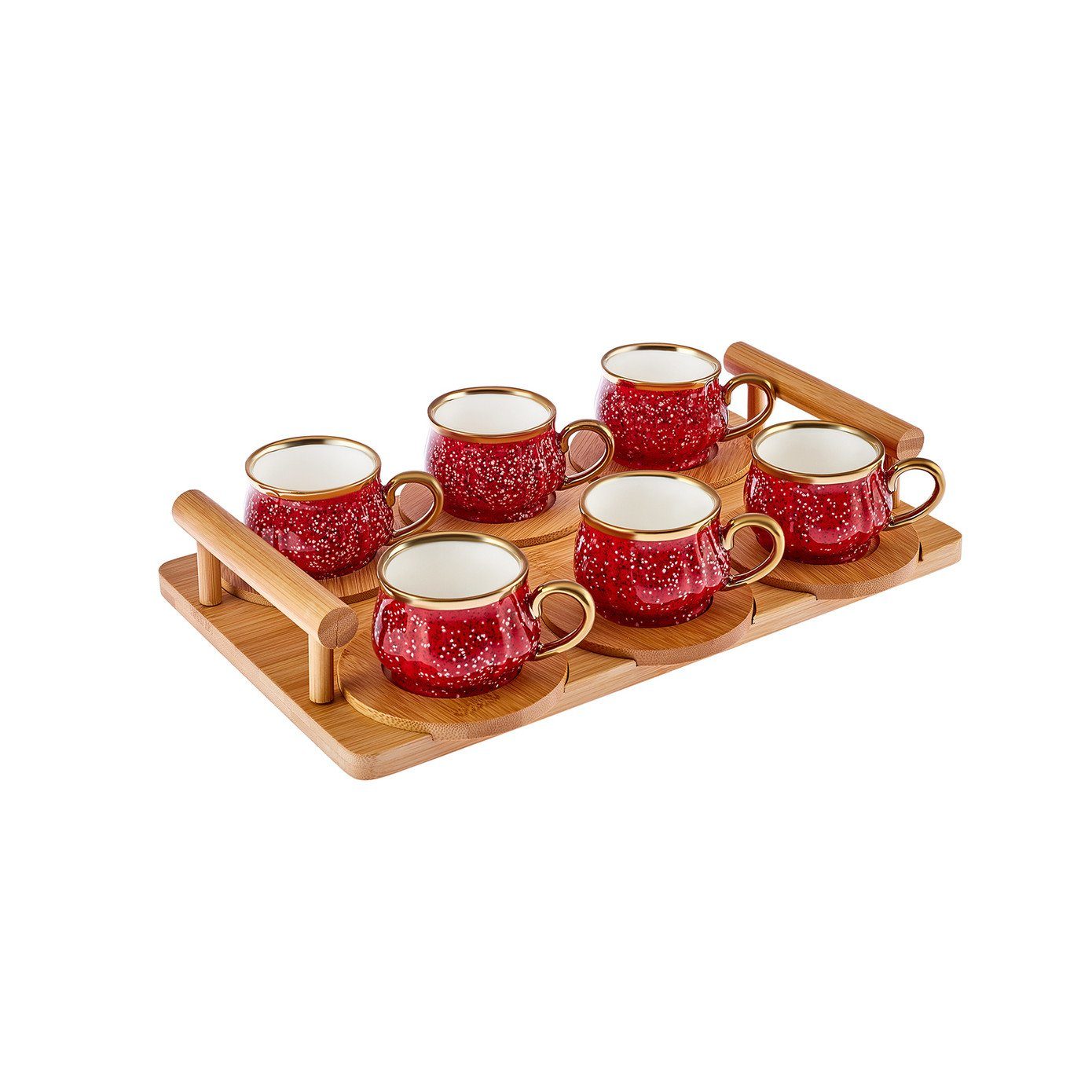 Karaca Kaffeeservice Bambus Tablett 6 Person Rot Kaffeetasse Set 90 ml
