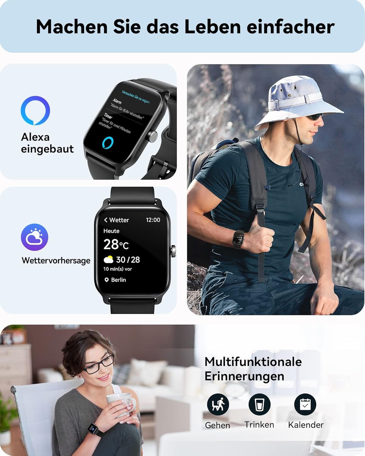 Woneligo Herren's Telefonfunktion Fitness-Tracker IP68 wasserdicht Smartwatch (1,8 Zoll, Android/iOS), mit Alexa integriertem Pulsmesser Schlaf monitor SpO2 monitor