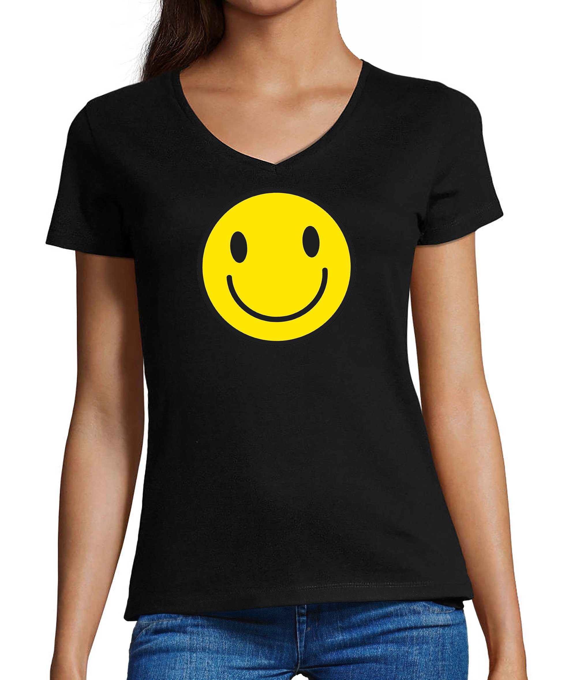MyDesign24 T-Shirt Damen Smiley Print Shirt - Lächelnder Smiley V-Ausschnitt Baumwollshirt mit Aufdruck Slim Fit, i281 schwarz