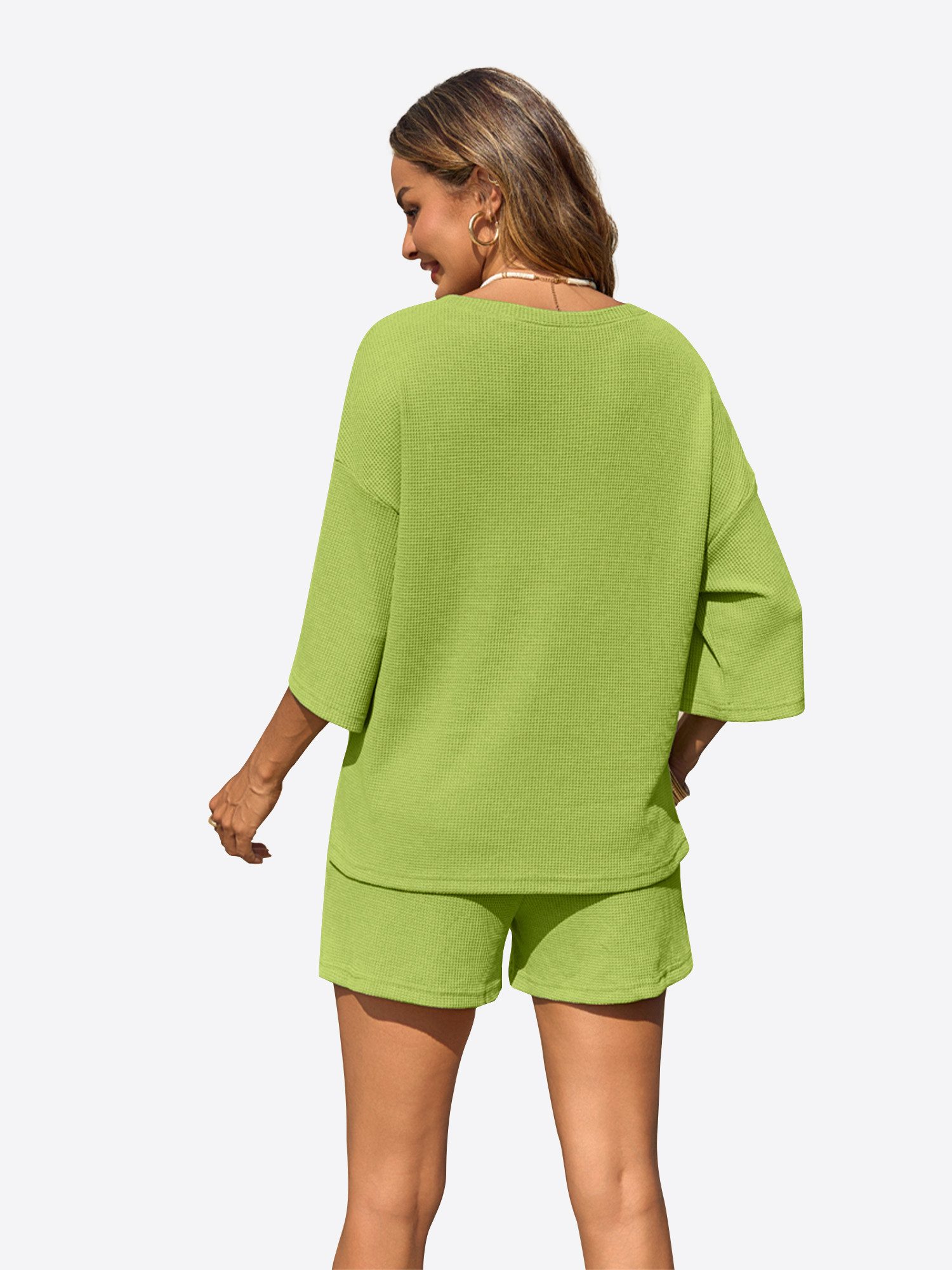 Imily Bela Hausanzug Damen 2-teiliger Freizeitanzug (Set, 2 tlg., 3/4-Arm Bluse + Shorts) in Unifarbe
