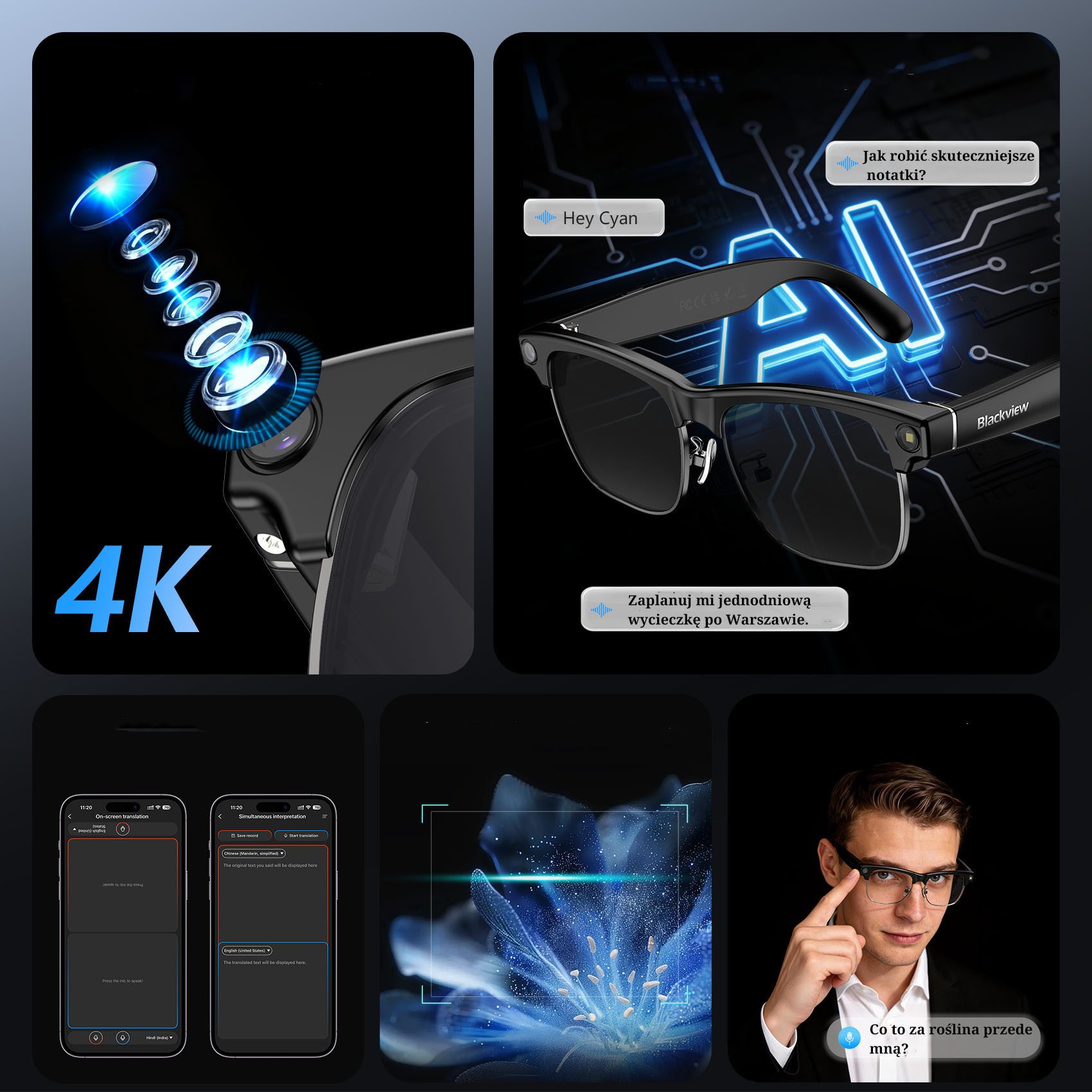 blackview Sonnenbrille 2026 Neue BV200 AI Shooting Glasses,Premium KI-Kamera-Brille (Set, 1-St., ChatGPT, Bluetooth 6.0 und Open-Ear HiFi Sound) Mit Sony IMX219 Sensor,Fotografieren, filmen, kommunizieren,übersetzen