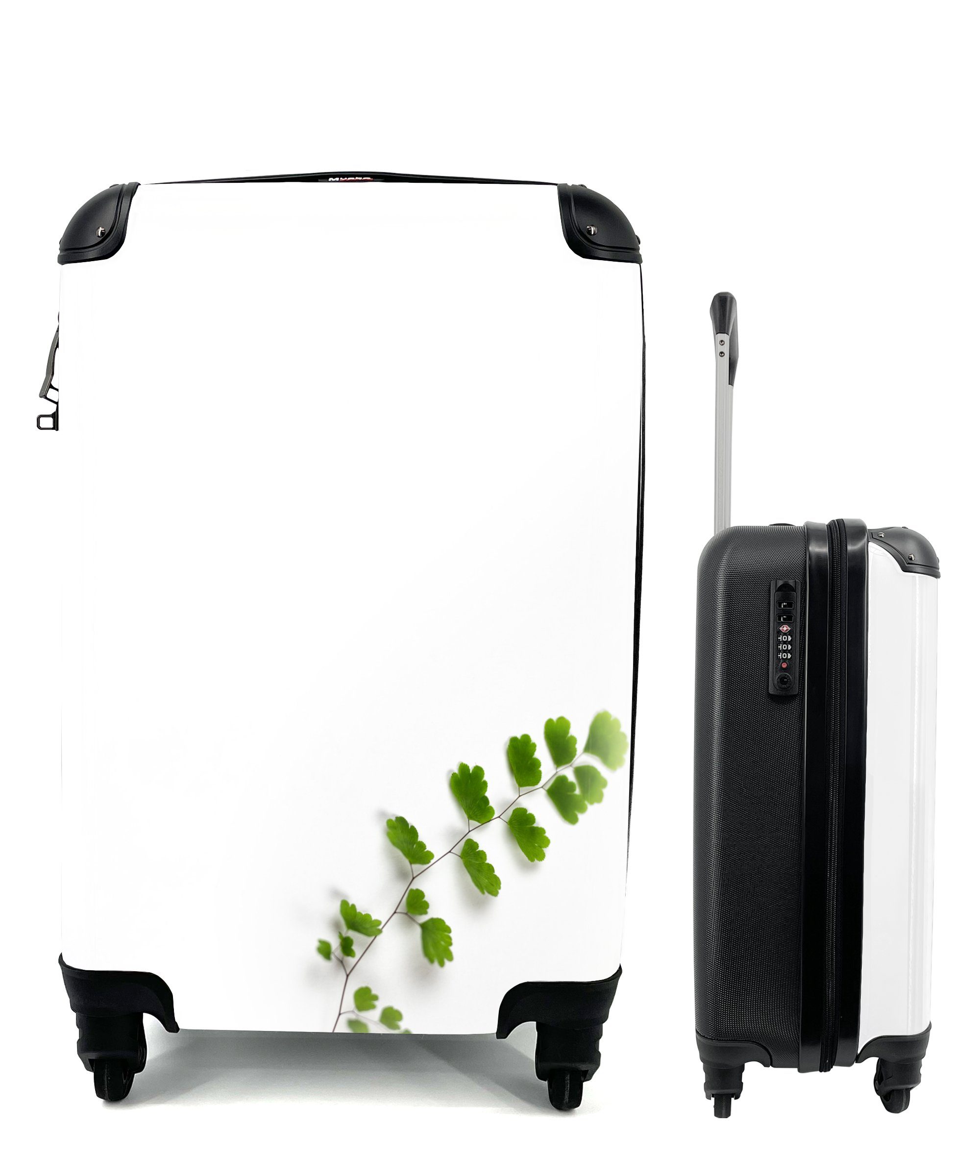Hintergrund, 4 Rollen, Blatt mit Trolley, Reisetasche weißem eines Handgepäckkoffer Ferien, rollen, vor für Handgepäck MuchoWow Reisekoffer Farns