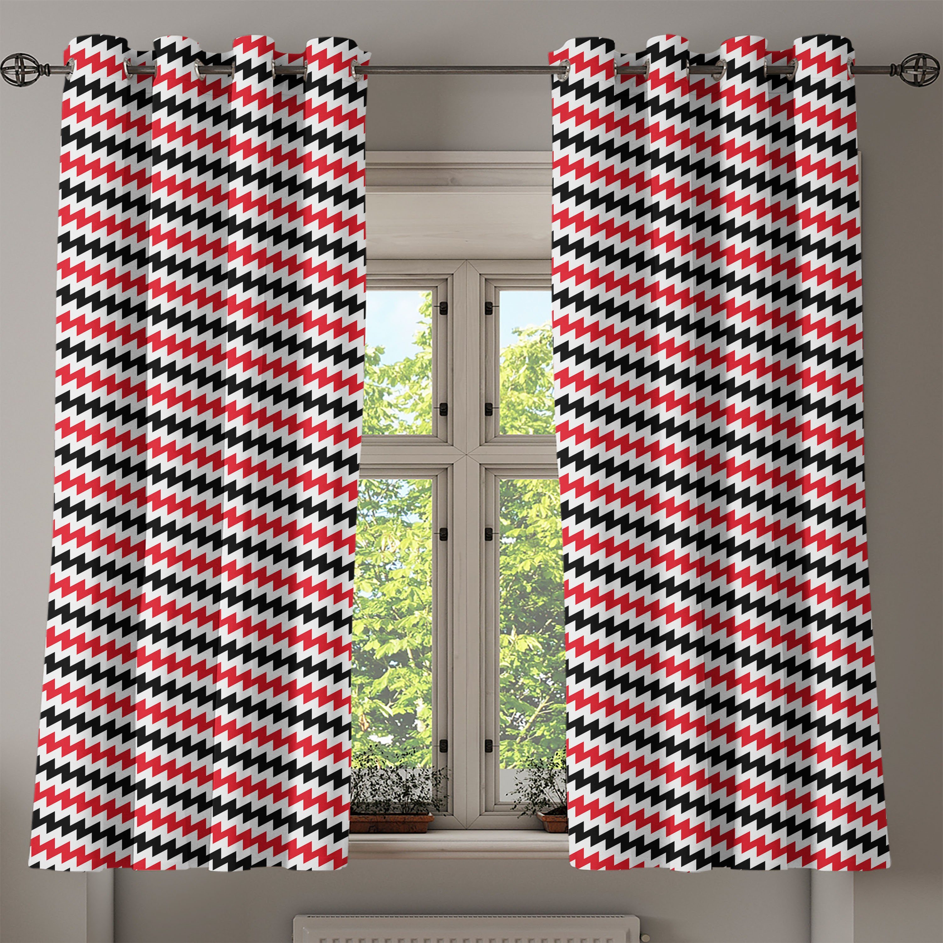 Wohnzimmer, für Zick-Zack-Linien Schlafzimmer Gardine schwarz Abakuhaus, Chevron 2-Panel-Fenstervorhänge Dekorative rot
