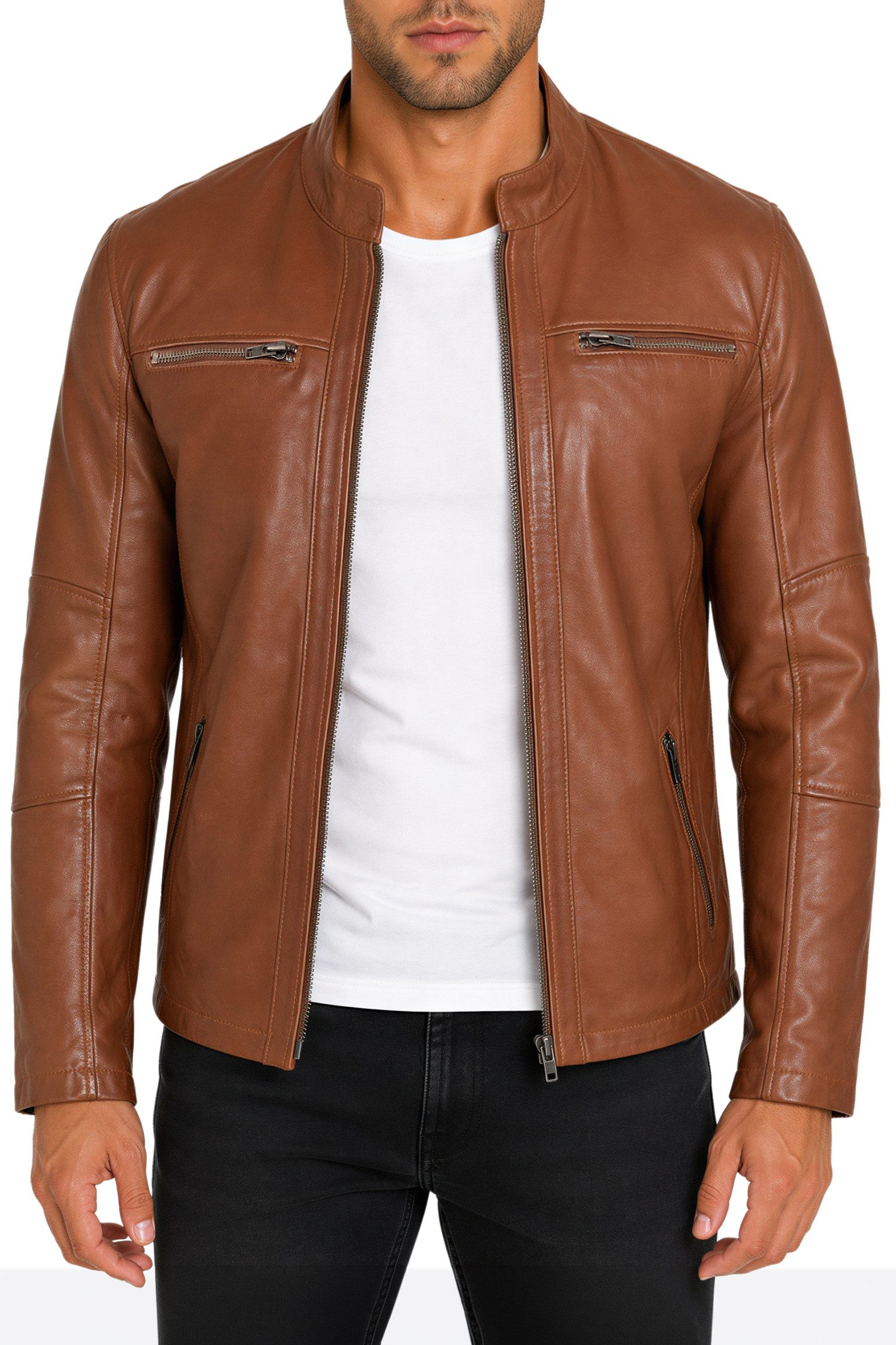 Reichstadt Lederjacke Herren Slim Fit Bikerjacke Silver Zipper 20RS20LUX Reißverschluss an den Ärmelenden