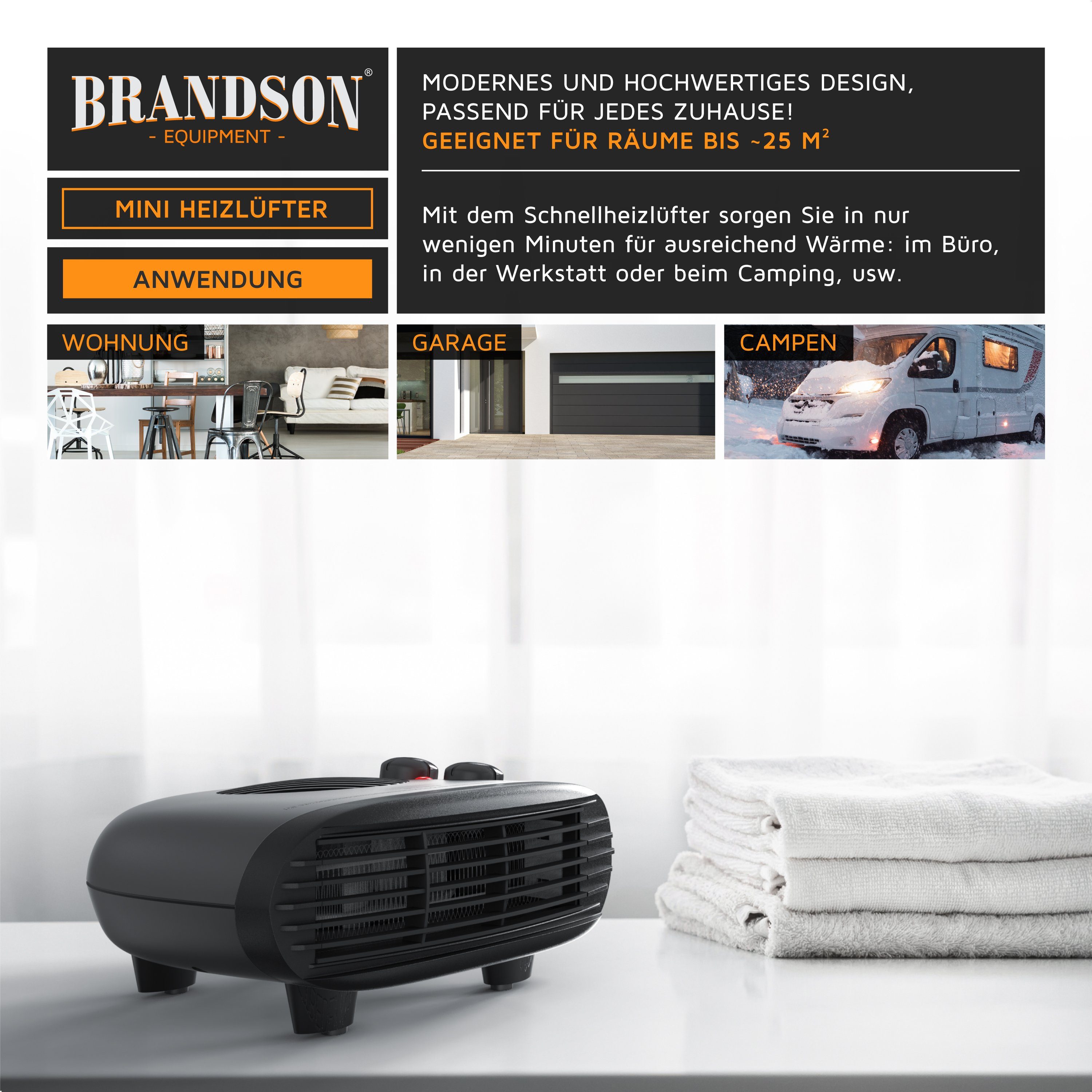 Brandson Heizlüfter mit einstellbarem Thermostat, Badezimmer Heizung mit 3 Leistungsstufe, 2000 W, geräuscharm, Überhitzungsschutz, automatische Abschaltung