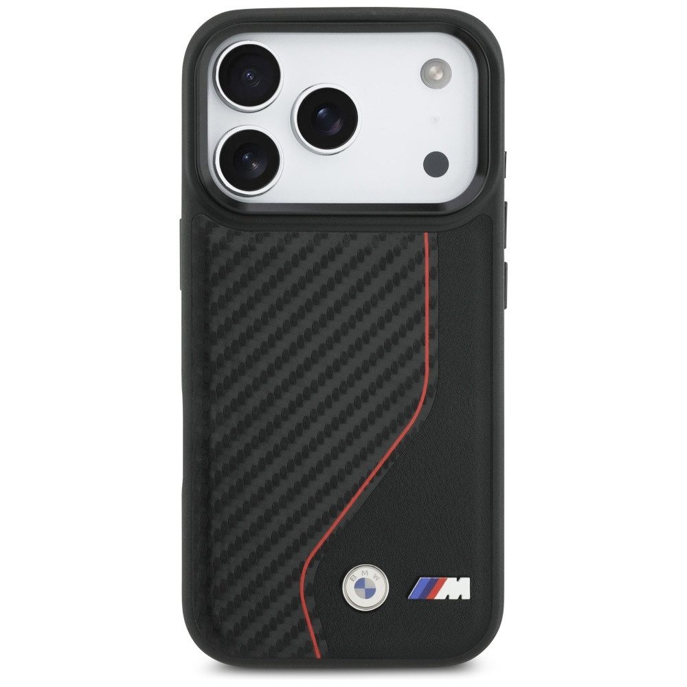 BMW Handyhülle Case iPhone 17 Pro MagSafe Carbon-Optik schwarz Streifen Logo Metall. 6,3 Zoll, Kantenschutz