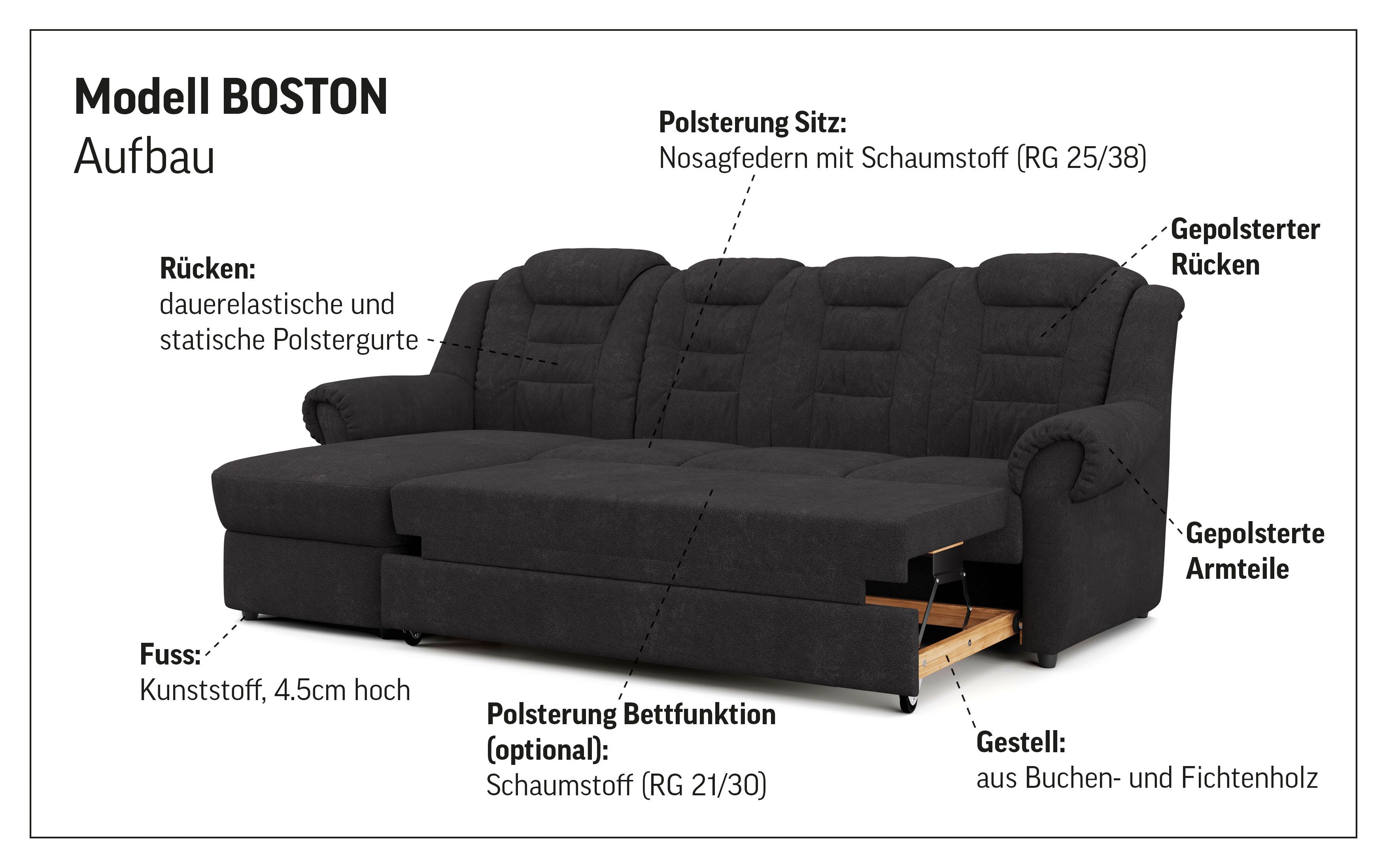 Home affaire Ecksofa Boston L-Form, mit hoher Rückenlehne, wahlweise mit Bettfunktion