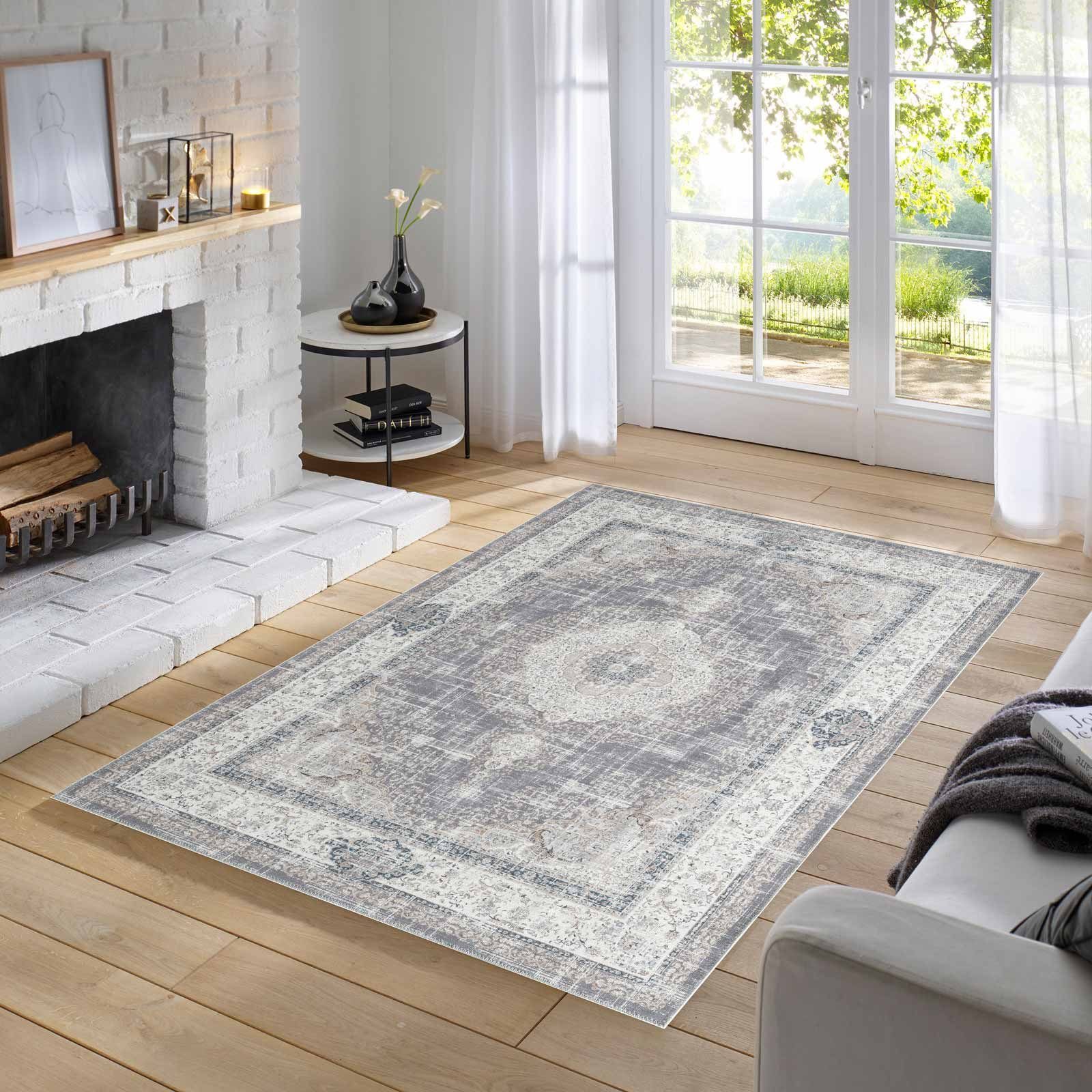 Teppich Odessa Flachgewebe Vintage Design waschbar, TaraCarpet, rechteckig, Höhe: 1 mm, Teppich Kerman grau beige Wohnzimmer Schlafzimmer Esszimmer 080x150