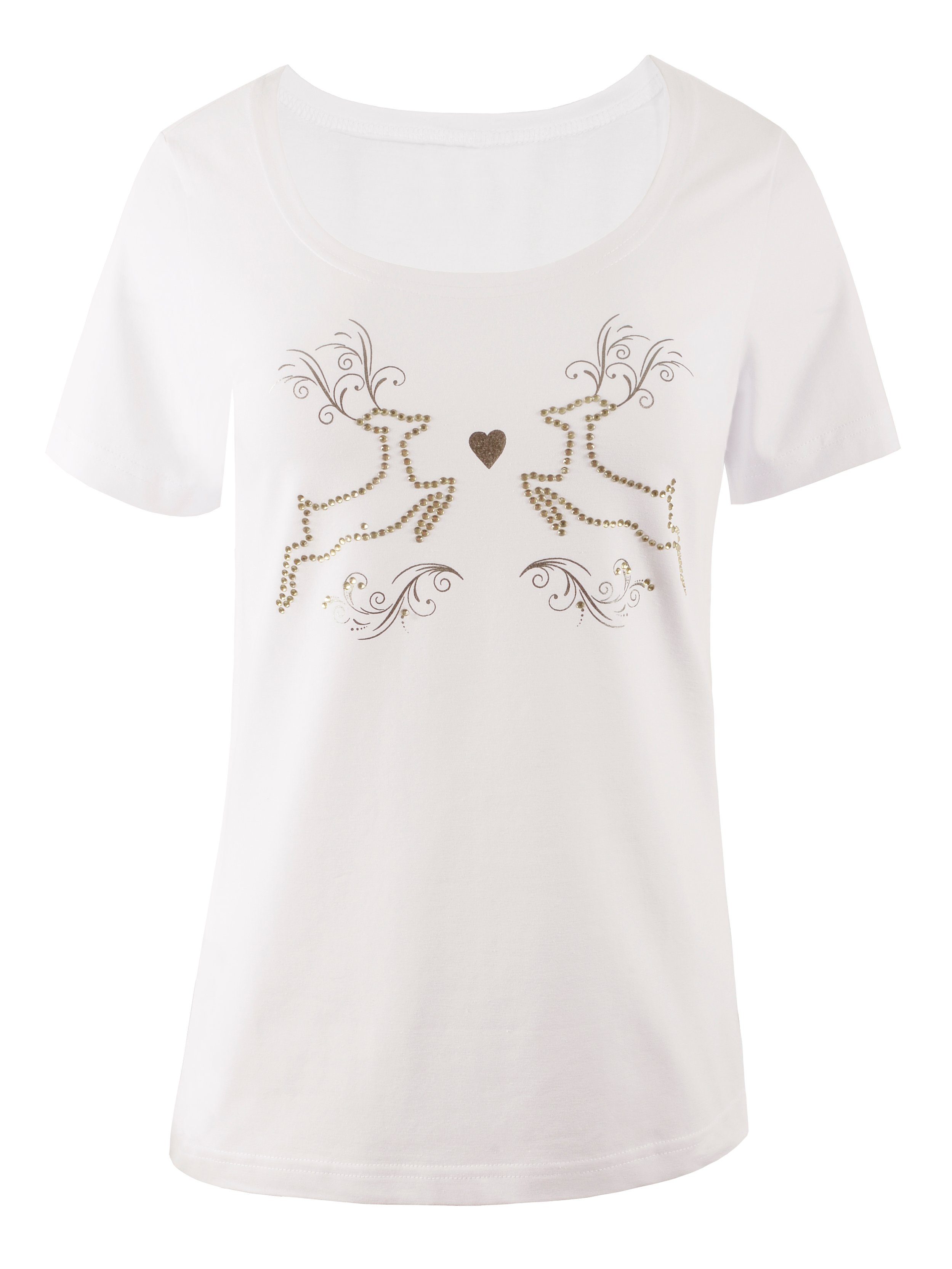 Moschen-Bayern Trachtenshirt Trachtenshirt Damen Shirt Trachten T-Shirt Hirsch Baumwolle Weiß T-Shirt, Shirt, Tshirt