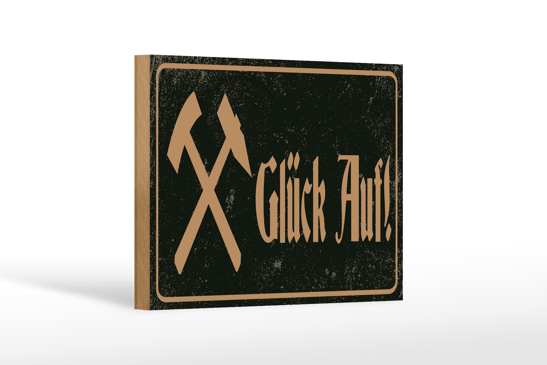 Femer GmbH Holzbild Spruch 12x18 cm Glück Auf Hammer Sichel Bergbau, (1 St), Glatte Holzfaserplatte (MDF), vorn beschichtet