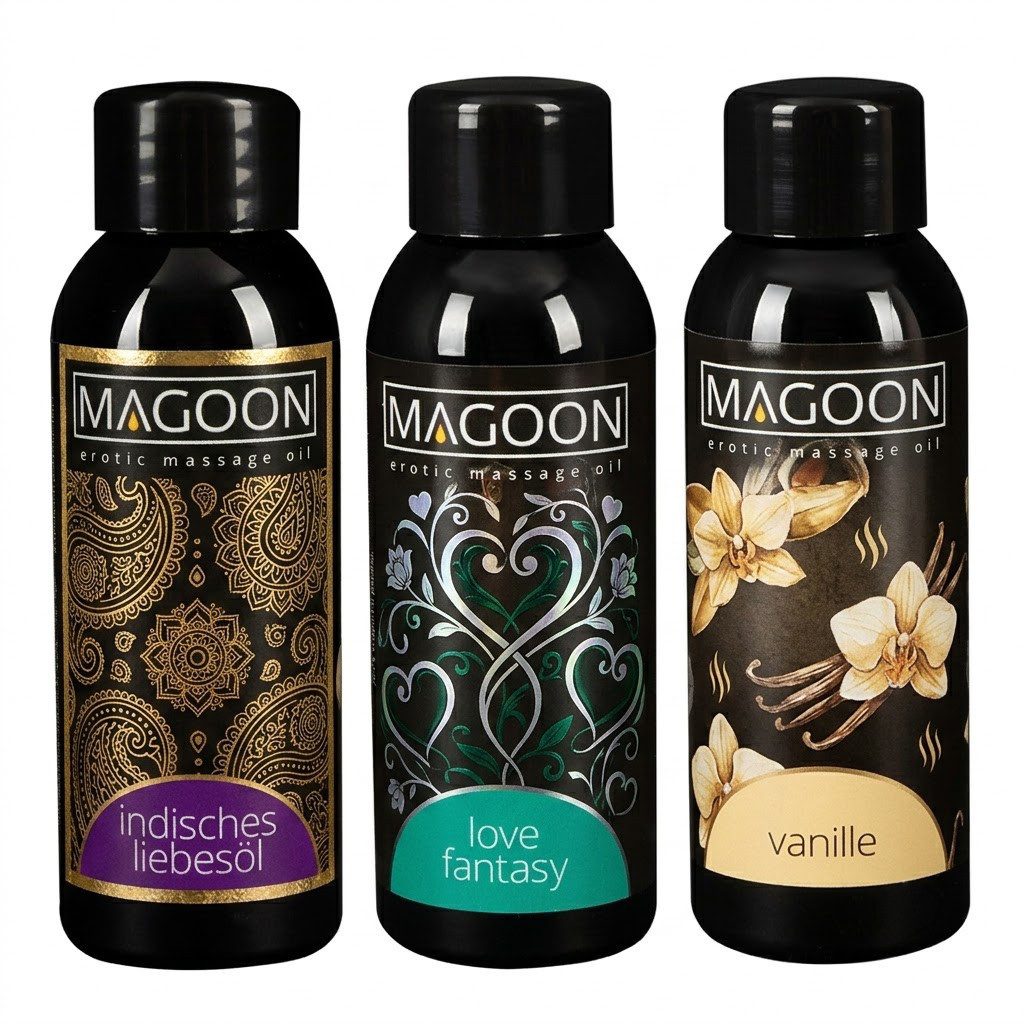 Magoon Massageöl 3er Set Massage-Öl: Vanille, Love Fantasy, Indisches Liebesöl, Mystik-Duft wie aus 1001 Nacht
