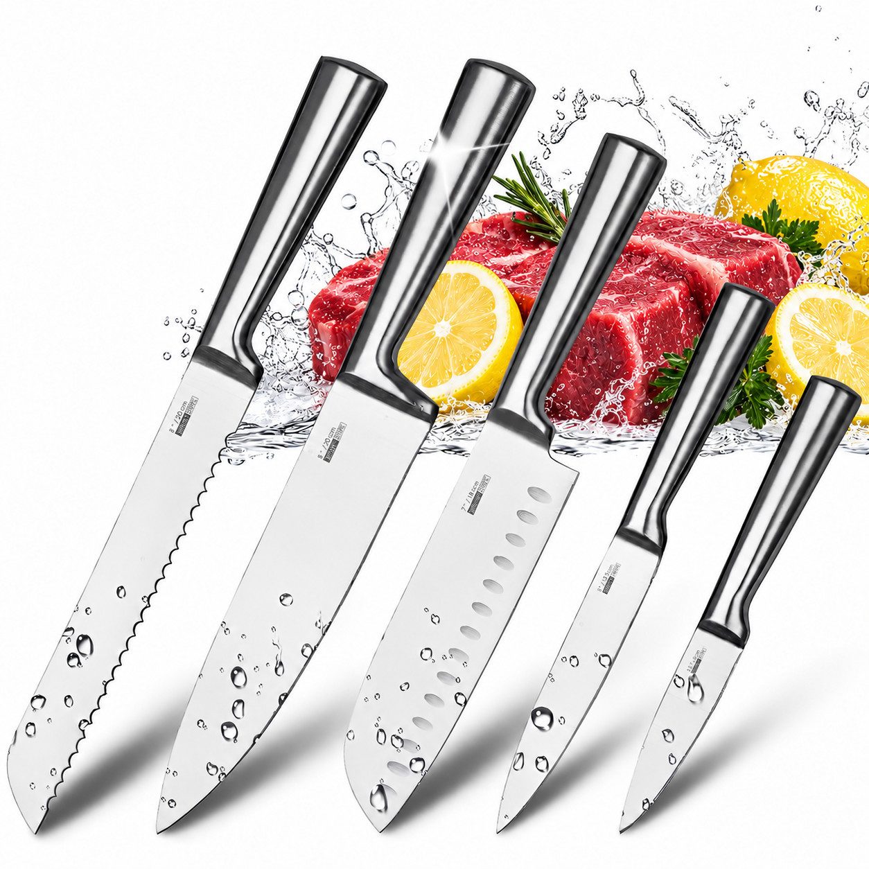 Luckice Messer-Set 5-teiliges Küchenmesser-Set mit scharfen Edelstahlklingen, Kochmesser (Santoku, Allzweckmesser, Brotmesser und Gemüsemesser, ergonomische Pakkawood-Griffe), für Fleisch, Obst, Gemüse und Brot im Alltag