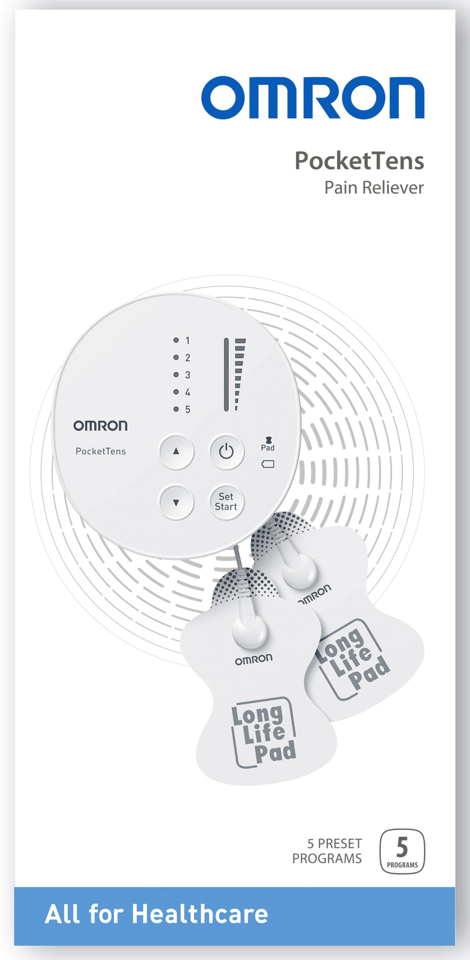 Sport Sportelektronik Omron TENS-Gerät PocketTens, (5-tlg), ein leistungsstarkes, tragbares TENS-Gerät, das in die Handfläche pa