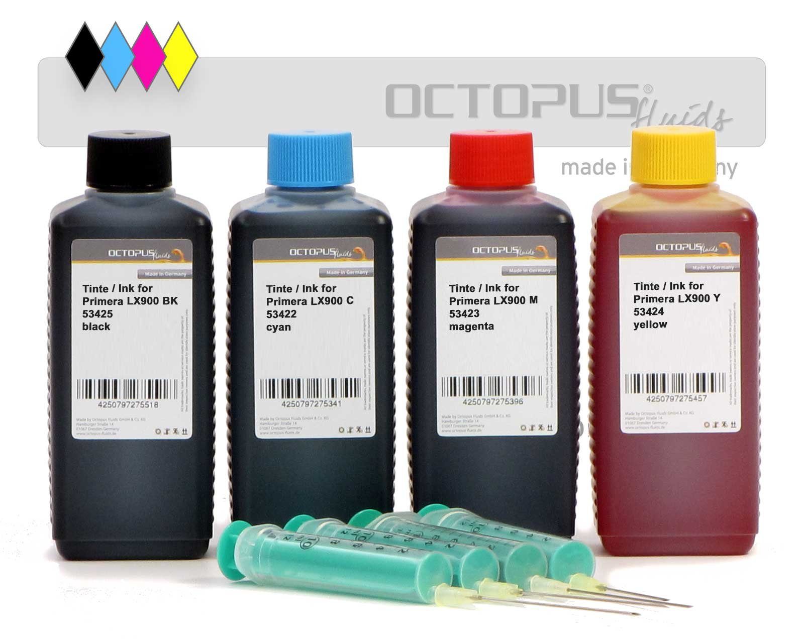 OCTOPUS Fluids Druckertinten für Primera LX900 Patronen Druckertinten Set Nachfülltinte (für Primera, 4x 100 ml)