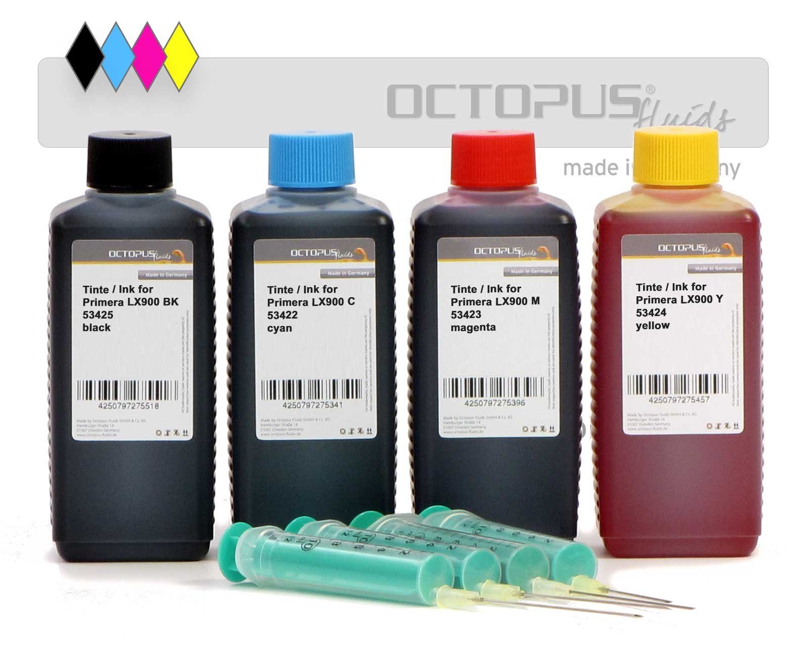 OCTOPUS Fluids Tinte, Ink f. Primera LX900 Патроны Tinte Set, vier Farben Nachfülltinte (für Primera, Set, 4x 1000 ml)