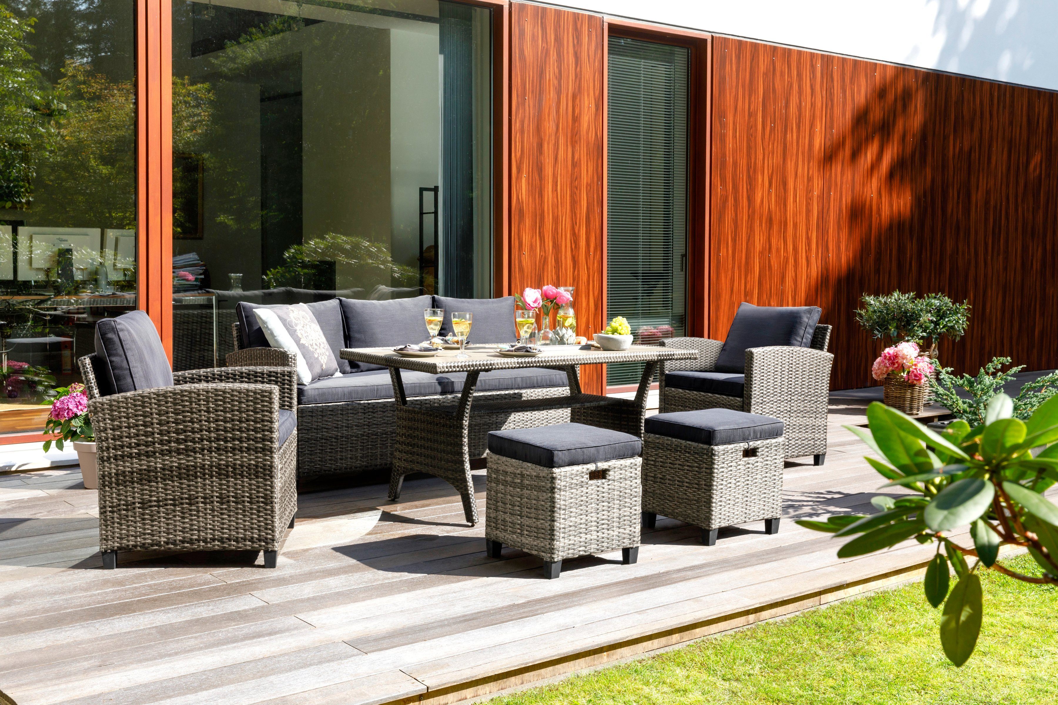 KONIFERA Gartenlounge-Set Amsterdam, (Set, 16-tlg., 1x 3er Sofa, 1x 2 Крісла, 2x Табурети, 1xTisch 144,5x74x67cm,Polyrattan), Stahl, Ablagefläche unter dem Tisch, Loungeset