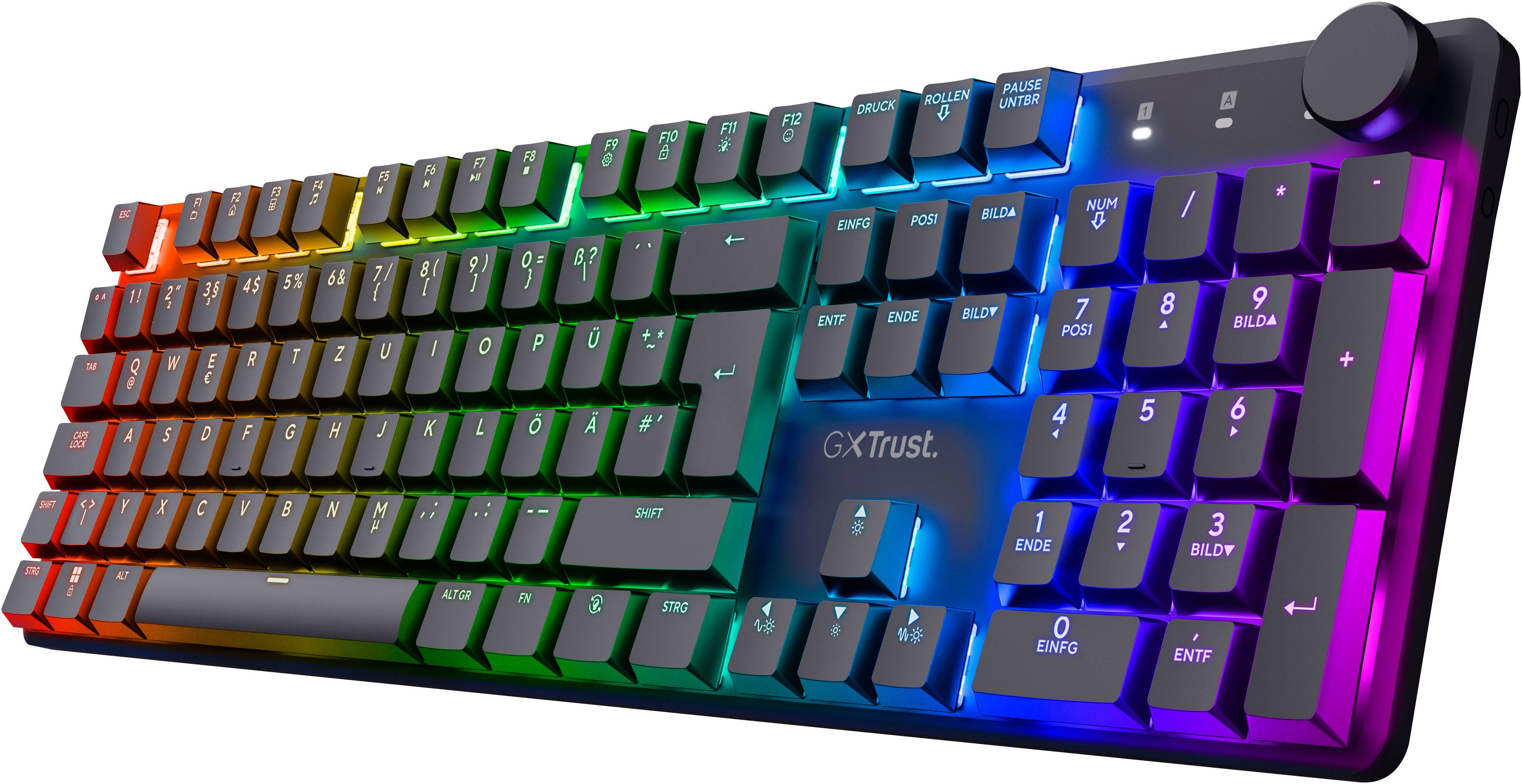Trust GXT 868 Torix Gaming-Tastatur (kabellose mechanische, QWERTZ Layout, RGB Huano Switches Flache Tasten)