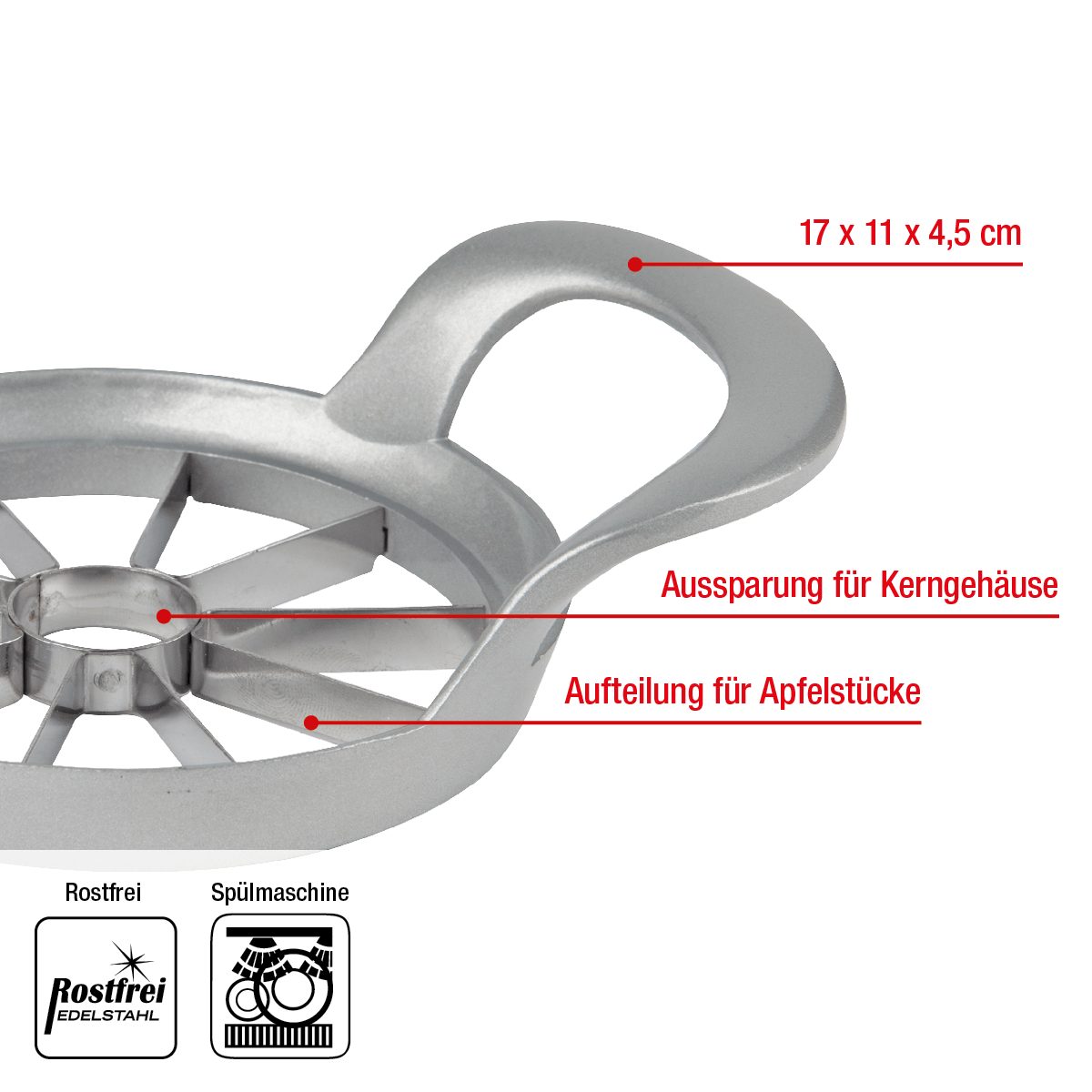 EUROHOME Obstschneider Apfelkernausstecher für müheloses Entkernen, (1-tlg., Obstschneider 17 x 11 x 4,5 cm), Apfelschneider aus Aluminium - Apfelteiler