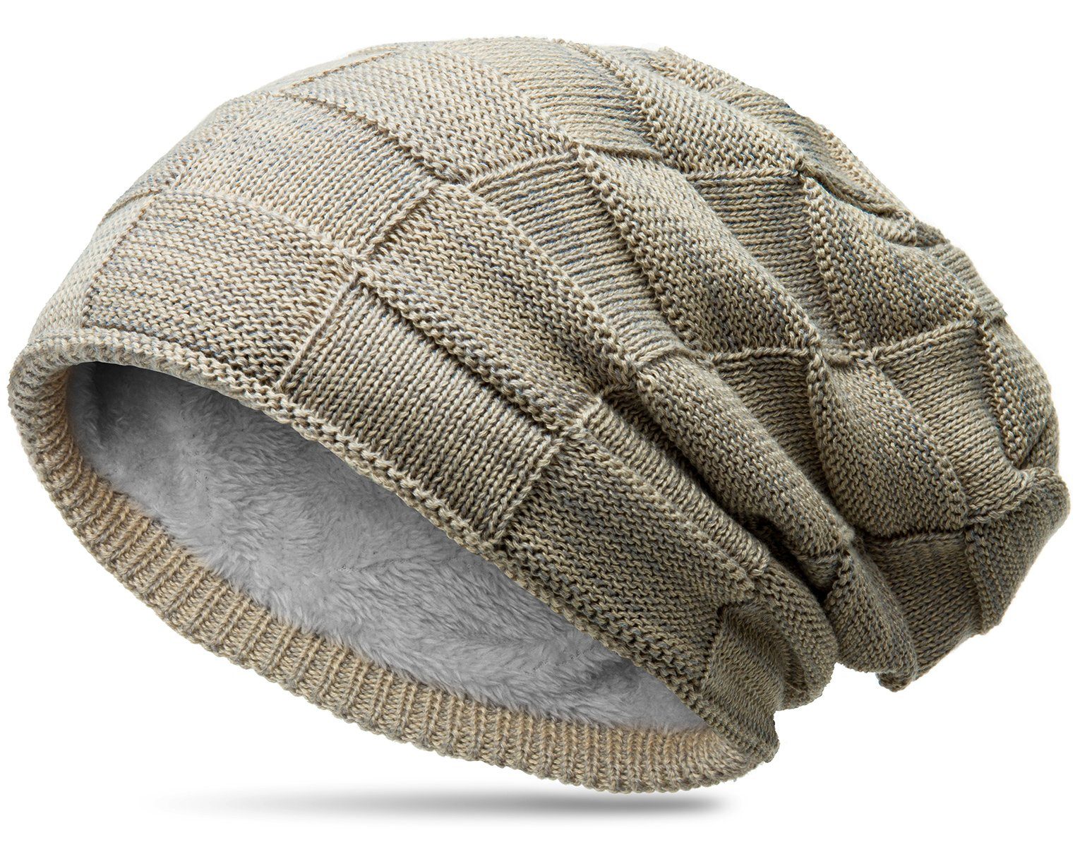 Caspar Beanie MU135 gefütterte Feinstrick Beanie Mütze mit Flecht Muster beige-grau