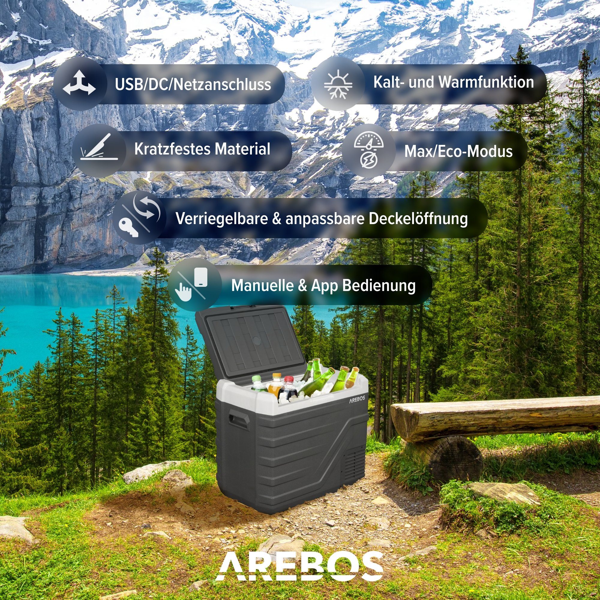 Arebos Kühlbox Gefrierbox 26-43L, Mobiler Kompressor-Kühler mit App-Steuerung, Ablassschraube zum Wasserentfernen