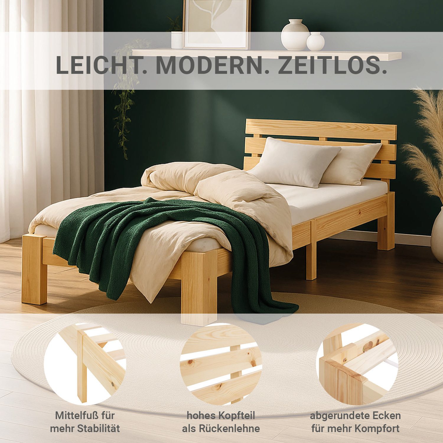 Homestyle4u Massivholzbett 90x200 120x200 140x200 160x200 180x200 Doppelbett Kopfteil Lattenrost (Set, mit Lattenrost, Braun), 90x200, modern, stabil