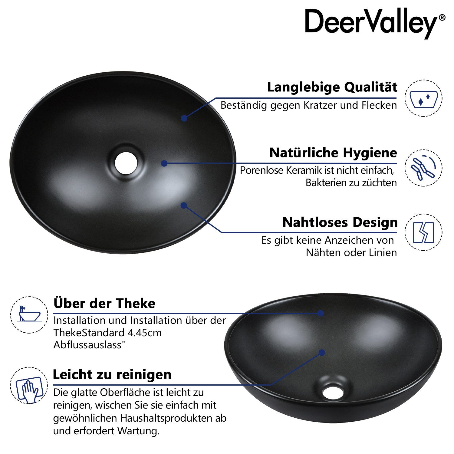 DeerValley Aufsatzwaschbecken DeerValley Oval Keramik Aufsatzwaschbecken Badezimmer Gäste-WC 40x33cm (Packung, ohne Armatur und Ablaufgarnitur), Ovale Keramik-W – Bild 5 von 5