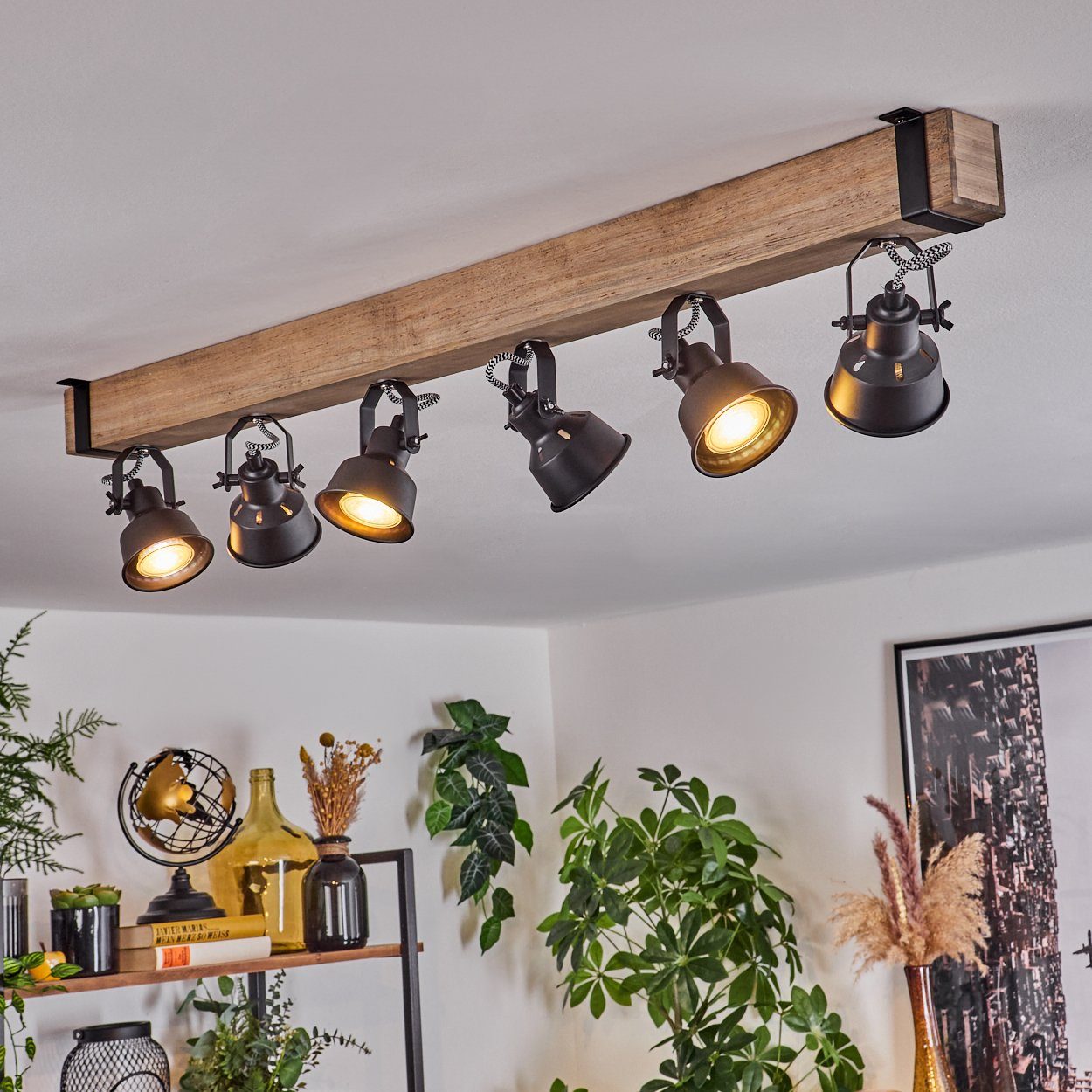 ohne in Schirmen, ohne moderne Metall/Holz GU10 Deckenleuchte Leuchtmittel 6x aus verstellbaren hofstein Schwarz/Natur, mit Leuchtmittel, Deckenleuchte Deckenlampe