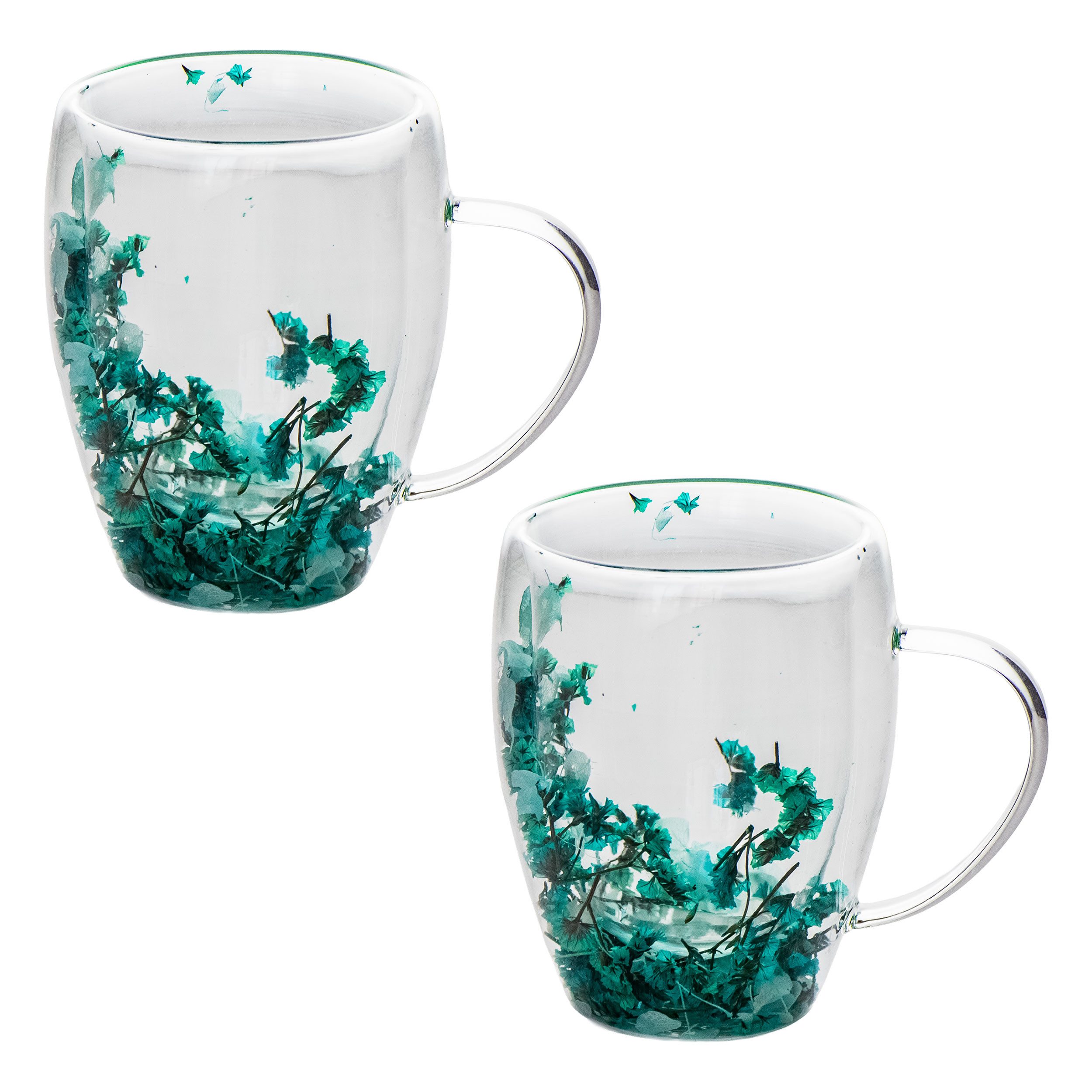 Thermotasse Doppelwandiger Glasbecher mit echten Trockenblumen – 300 m Minze