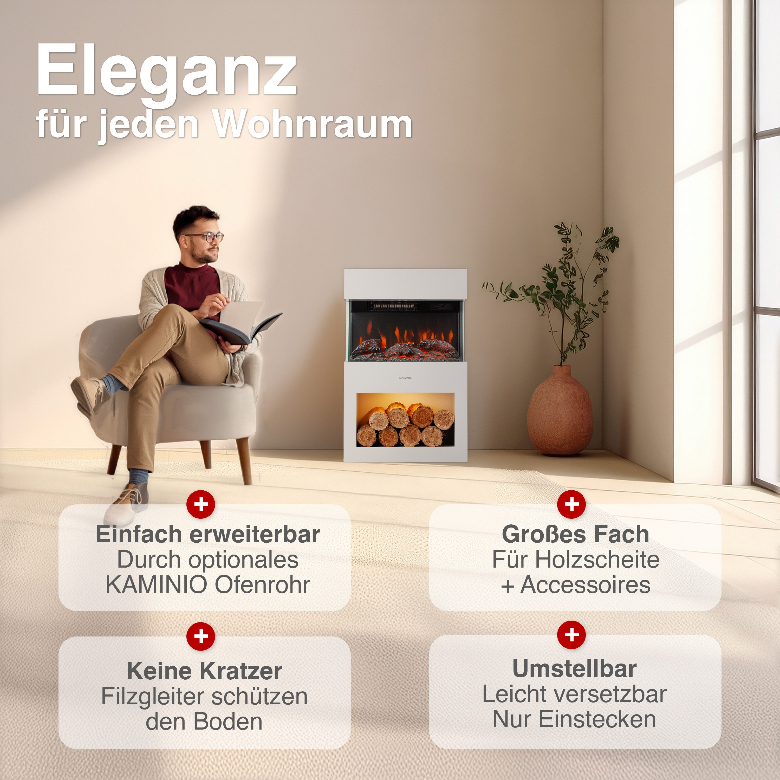 KAMINIO Elektrokamin HENRI, Elektrischer Kamin mit 3D-Flammeneffekt, Heizung 1800W