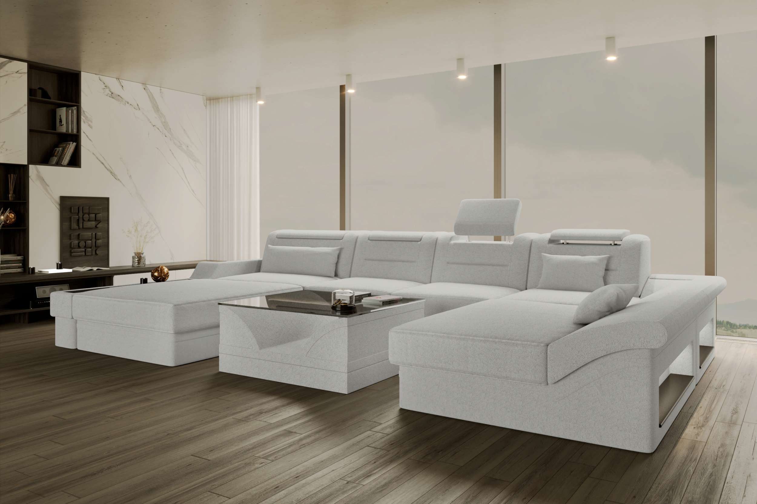 Sofa Dreams Wohnlandschaft Wohnlandschaft Monza U Form Stoffsofa, Wohnlandschaft, U-Form, Polster Couch in U-Form mit LED, 2 Zierkissen inklusive