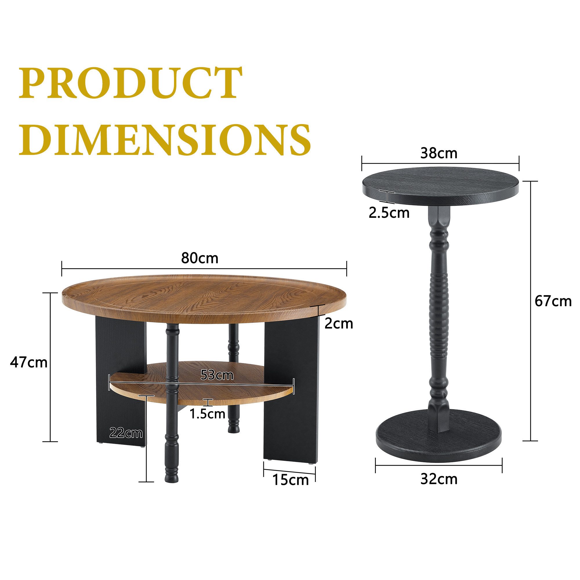 JUFU Couchtisch Set 2-teilig, Retro-Stil, runder Wohnzimmertisch (2-St), Ø 80 cm Couchtisch mit Ablage + Ø 38 cm Beistelltisch