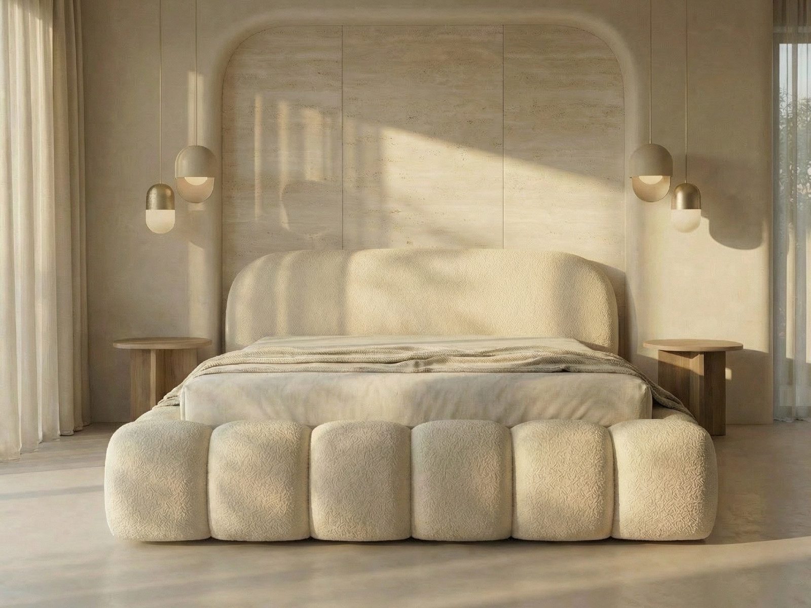 yourhouse24 Polsterbett Orlando Slim Bouclé kompaktes Wolkenbett mit Bettkasten, Bubble-Optik & Japandi