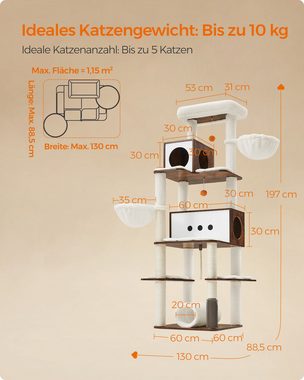 FEANDREA Kratzbaum, 197cm Katzenbaum XXL, mehrstöckig, Katzenbürste, Tunnel