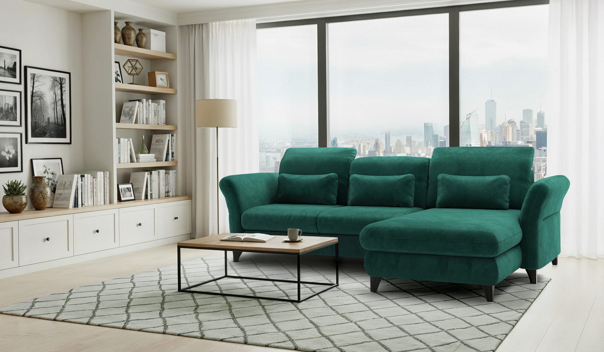 Hygger Möbelhaus Ecksofa Eva L-Form, Schlaffunktion, Taschenfederkern & Bettkasten, B × T: 253 × 190 cm, Sitztiefen-, Kopfstützen- &, Armlehnenverstellung, kostenlose Lieferung inkl. Montage