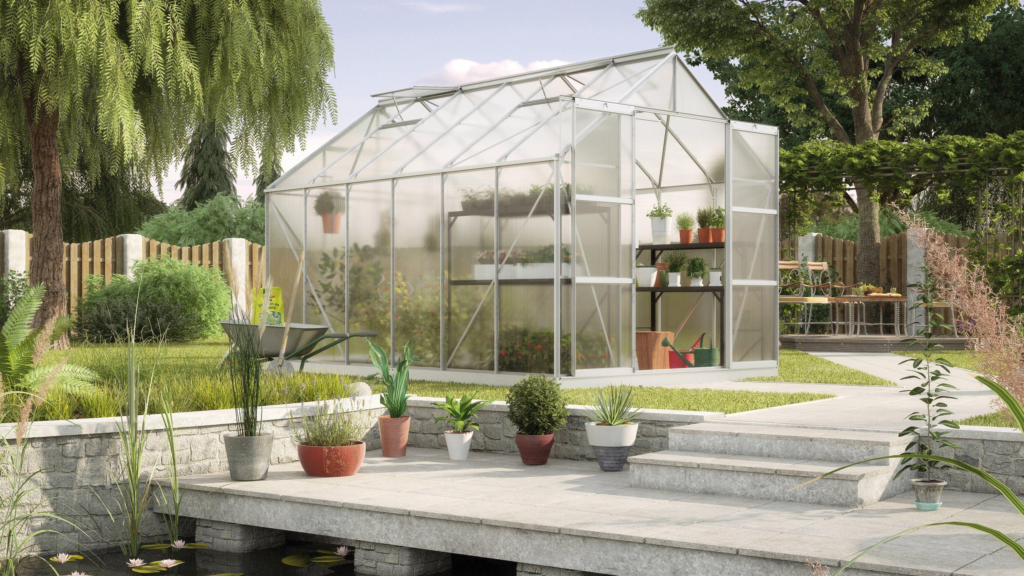 KONIFERA Gewächshaus Titania 9900, BxTxH: 254 x 379 x 246 cm, 6 mm Wandstärke, Set, mit 4-tlg. Zubehör