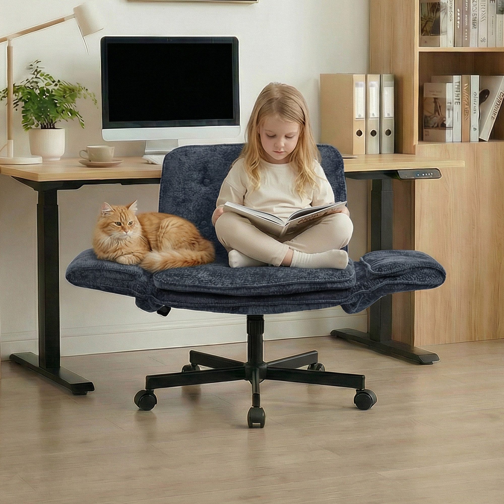 Leawin Drehstuhl Bürostuhl ergonomisch mit breitem Sitz & 5-fach Armlehnen, Schreibtischstuhl mit Chenille-Bezug, Rollen & 150 kg