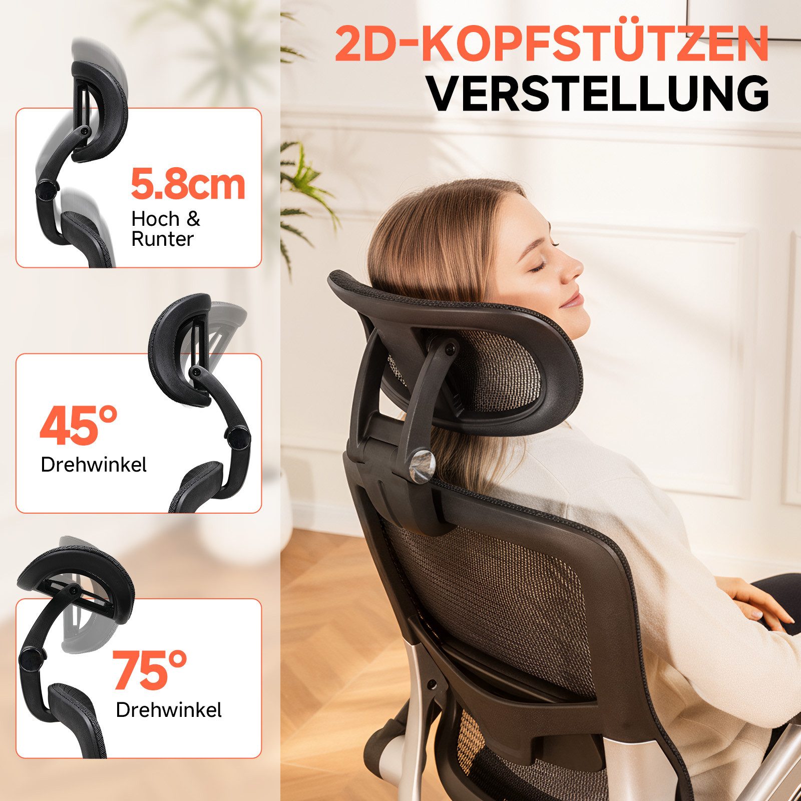COMHOMA Bürostuhl ergonomischer schreibtischstuhl mit Mesh, 2D-Kopfstütze, 4D-Armlehnen, Hohe Rückenlehne mit Wipp- & Feststell 90-125°