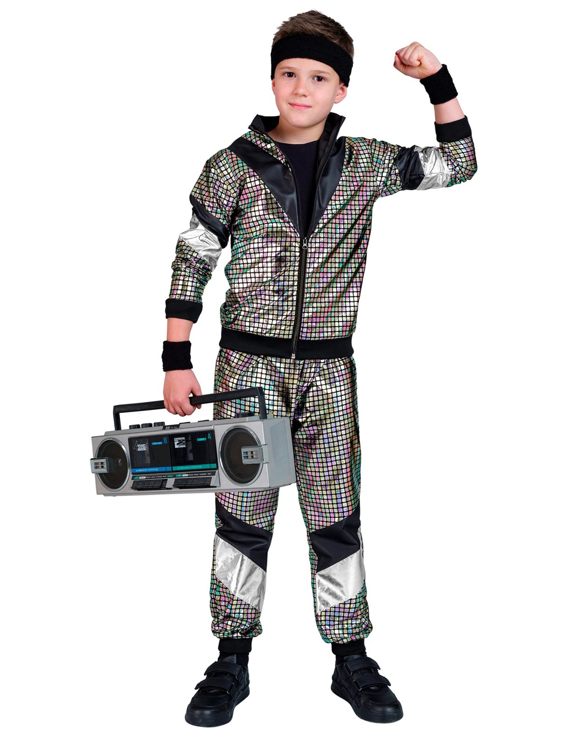 Widmann S.r.l. Kostüm 80er Kostüm Jogginganzug Discokugel für Kinder silber