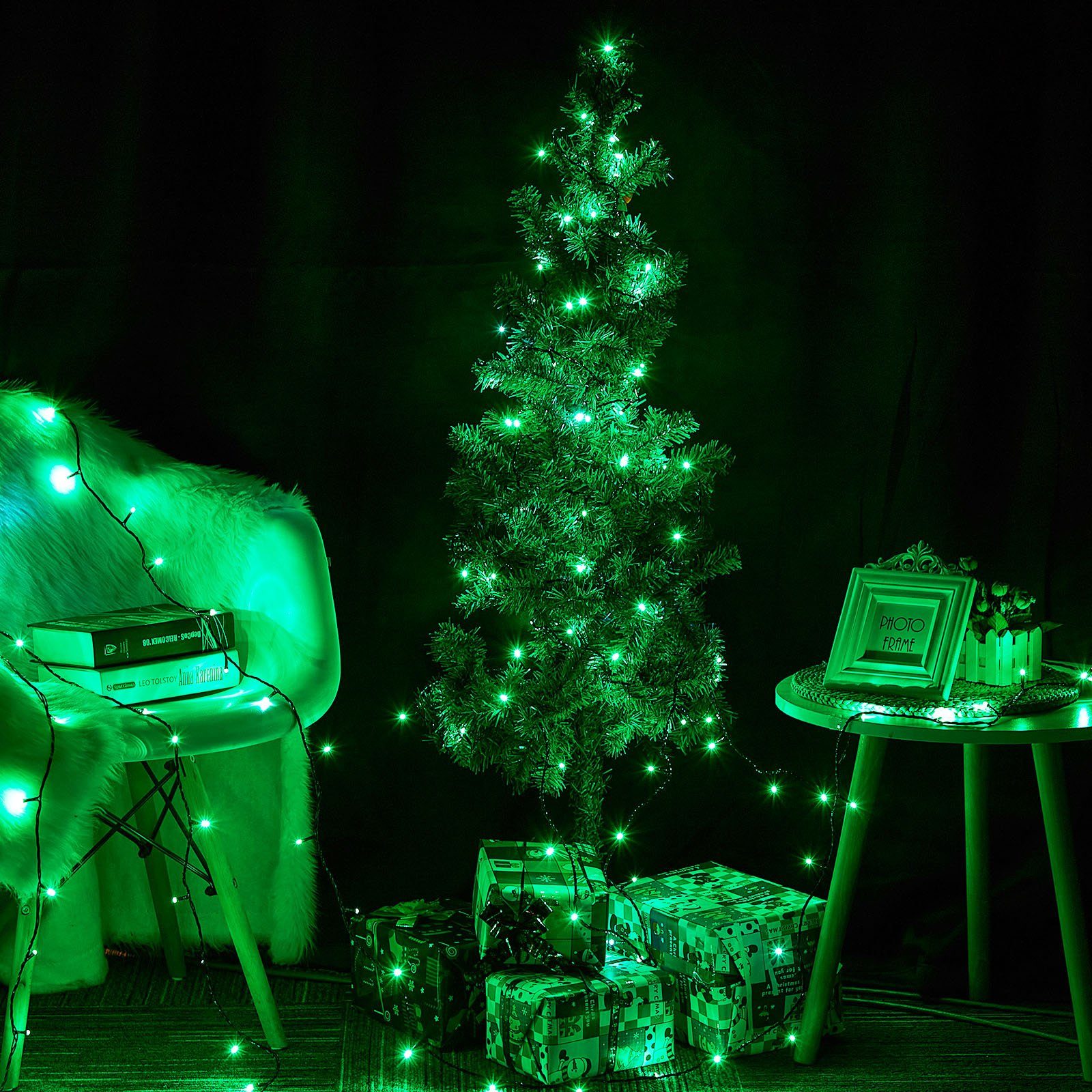 Rosnek LED-Baummantel 20m LED Lichterkette Party Weihnachten 156-flammig, Außen Grün Innen for mit Baum, Garten 3M-Verlängerungskabel