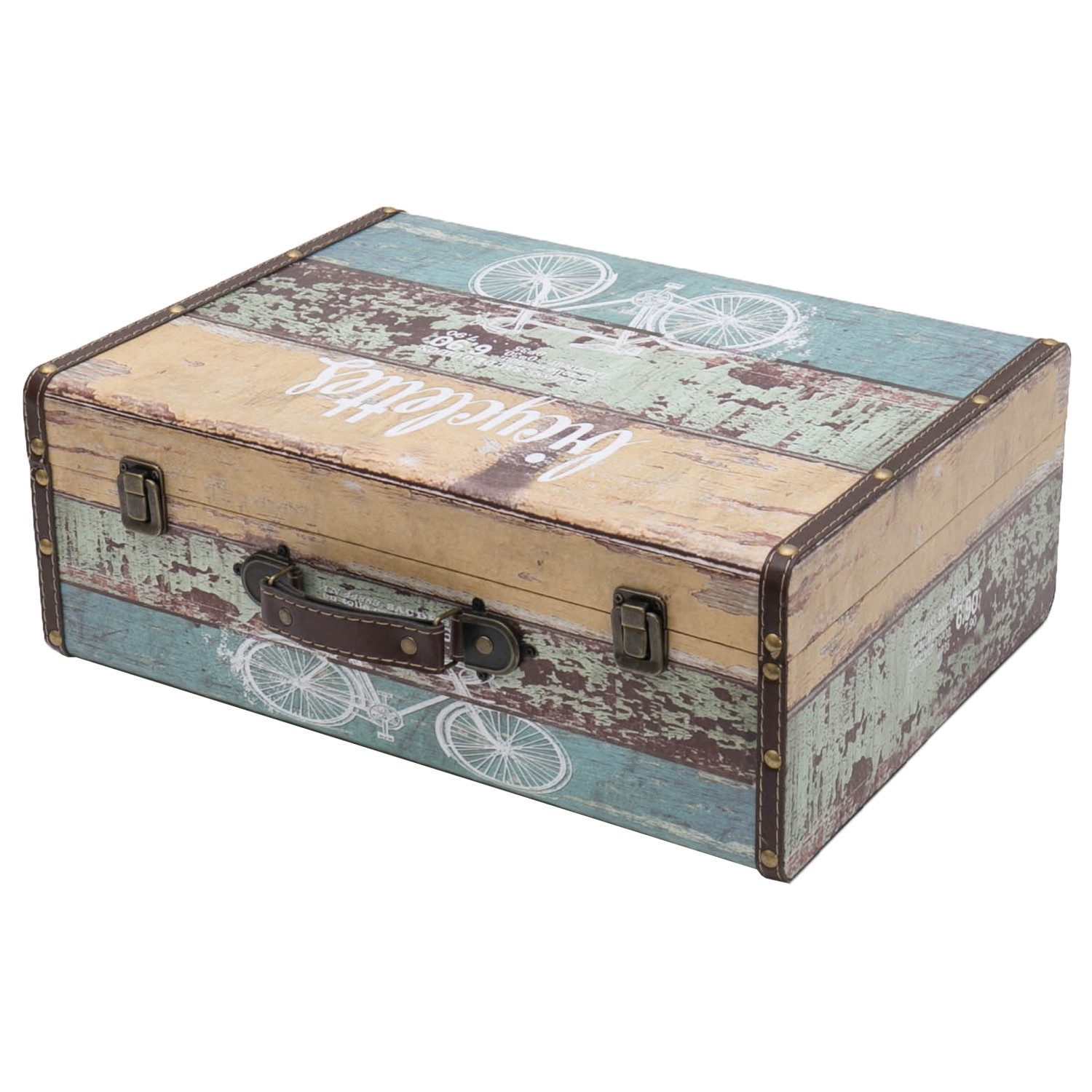 HMF Aufbewahrungsbox Handgefertigter Vintage Koffer aus Holz, Deko Koffer, Geschenkkoffer im Fahrrad Design, 44 x 32 x 16 cm