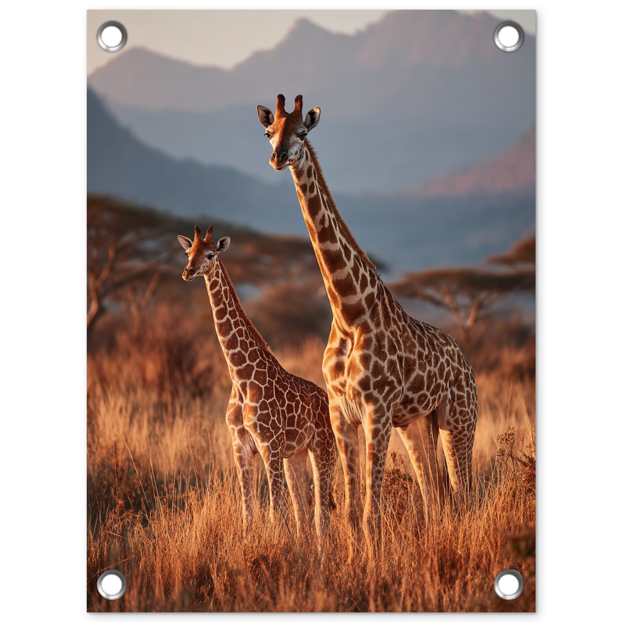 OnlyWow Poster für Garten Giraffen - Hohes Gras - Akazienbäume, Gartenposter, Outdoor Bilder, Gartendeko für draußen, 30x40 cm
