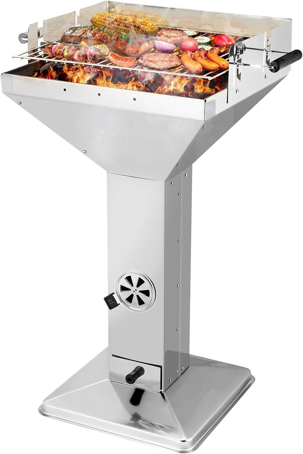 TLGREEN Standgrill Edelstahl, Holzkohle Trichtergrill, Portable Campinggrill, 3-fach höhenverstellbarem Grillrost, Ascheschublade und Lüftungsregler