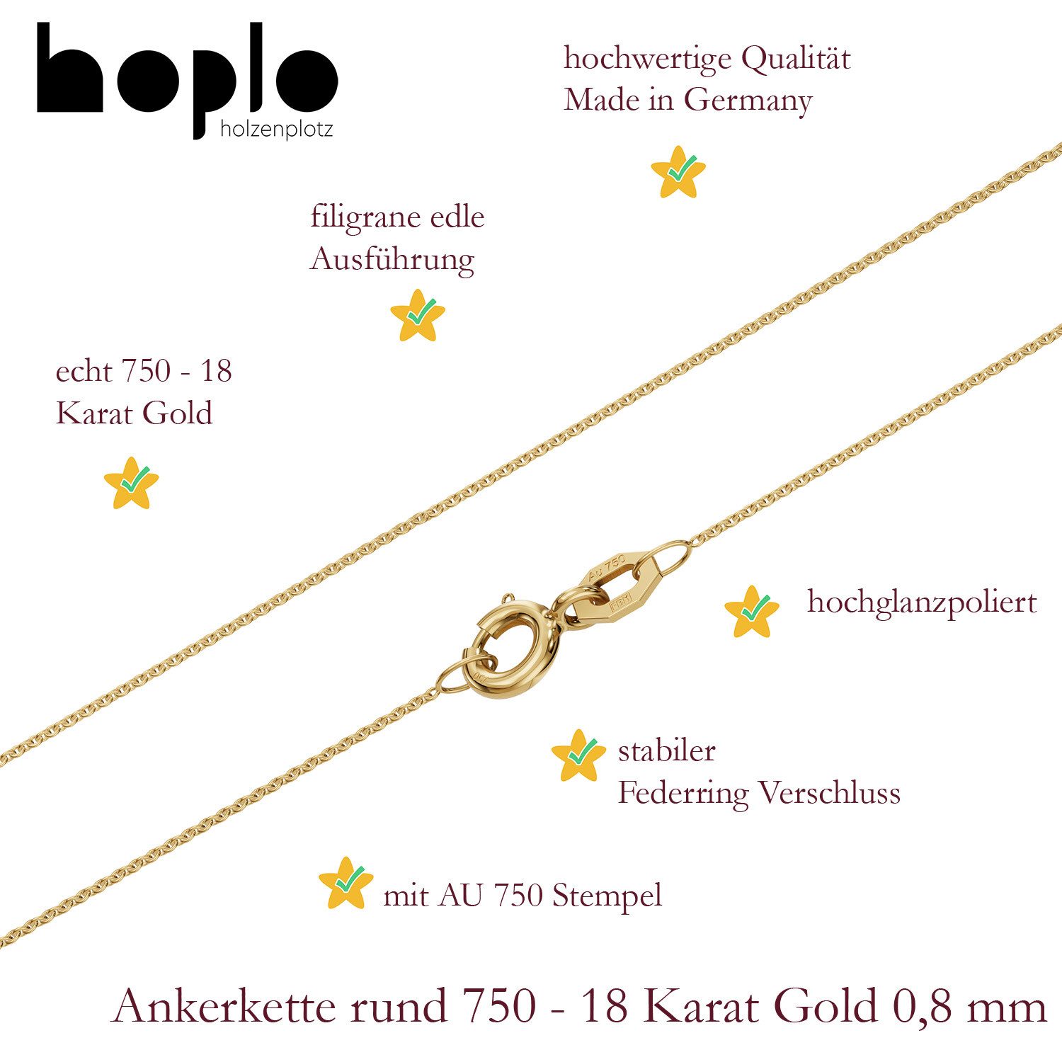 HOPLO Goldkette Goldkette Ankerkette Länge 38cm - Breite 0,8mm - 750-18 Karat Gold, Made in Germany – Bild 4 von 5