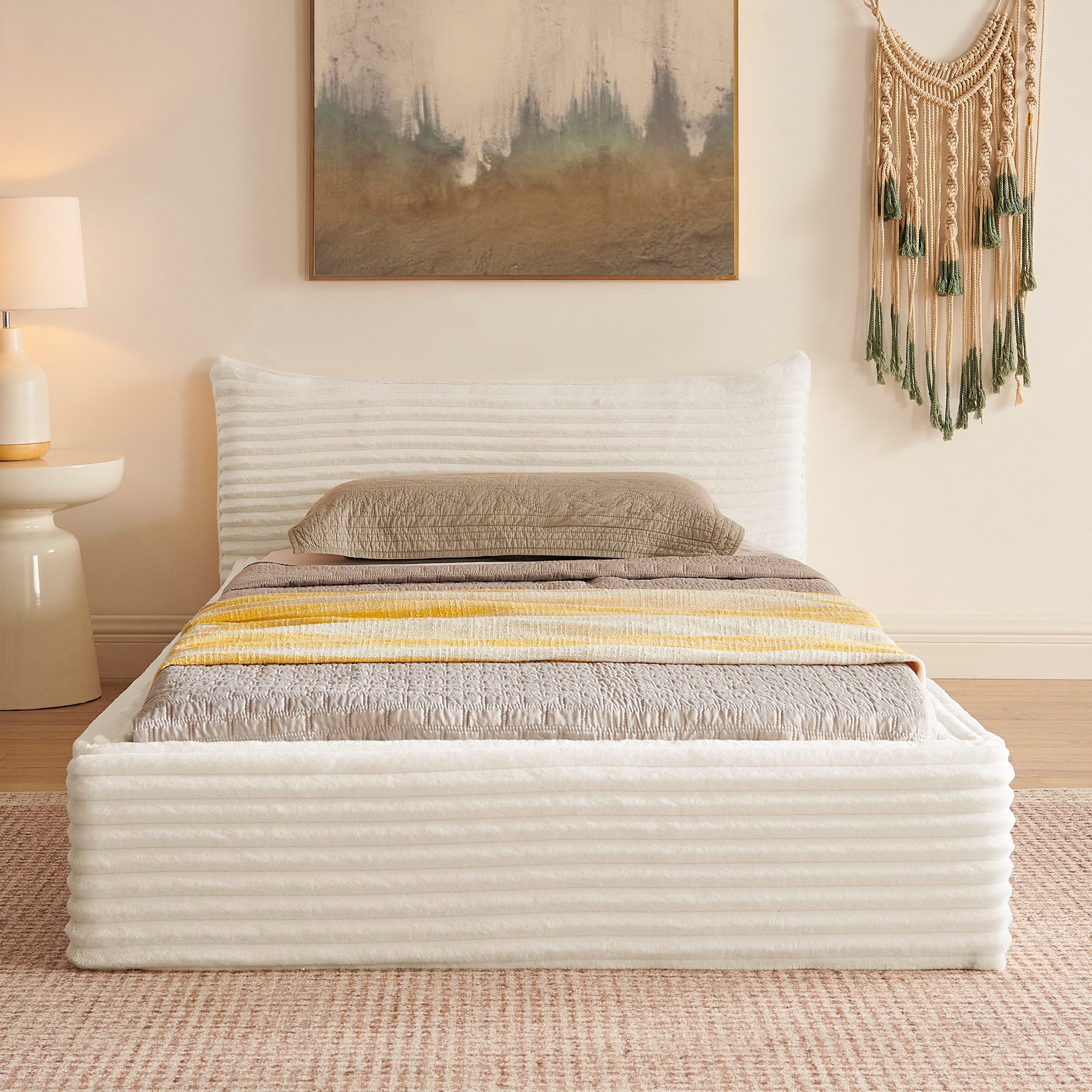 MODFU Polsterbett Bettgestell mit Chenille-Polsterung (Kinderbett mit Lattenrost, 1-tlg., 90*200cm, ohne Matratze), Eukalyptusholz+Stabiler Eisenrahmen